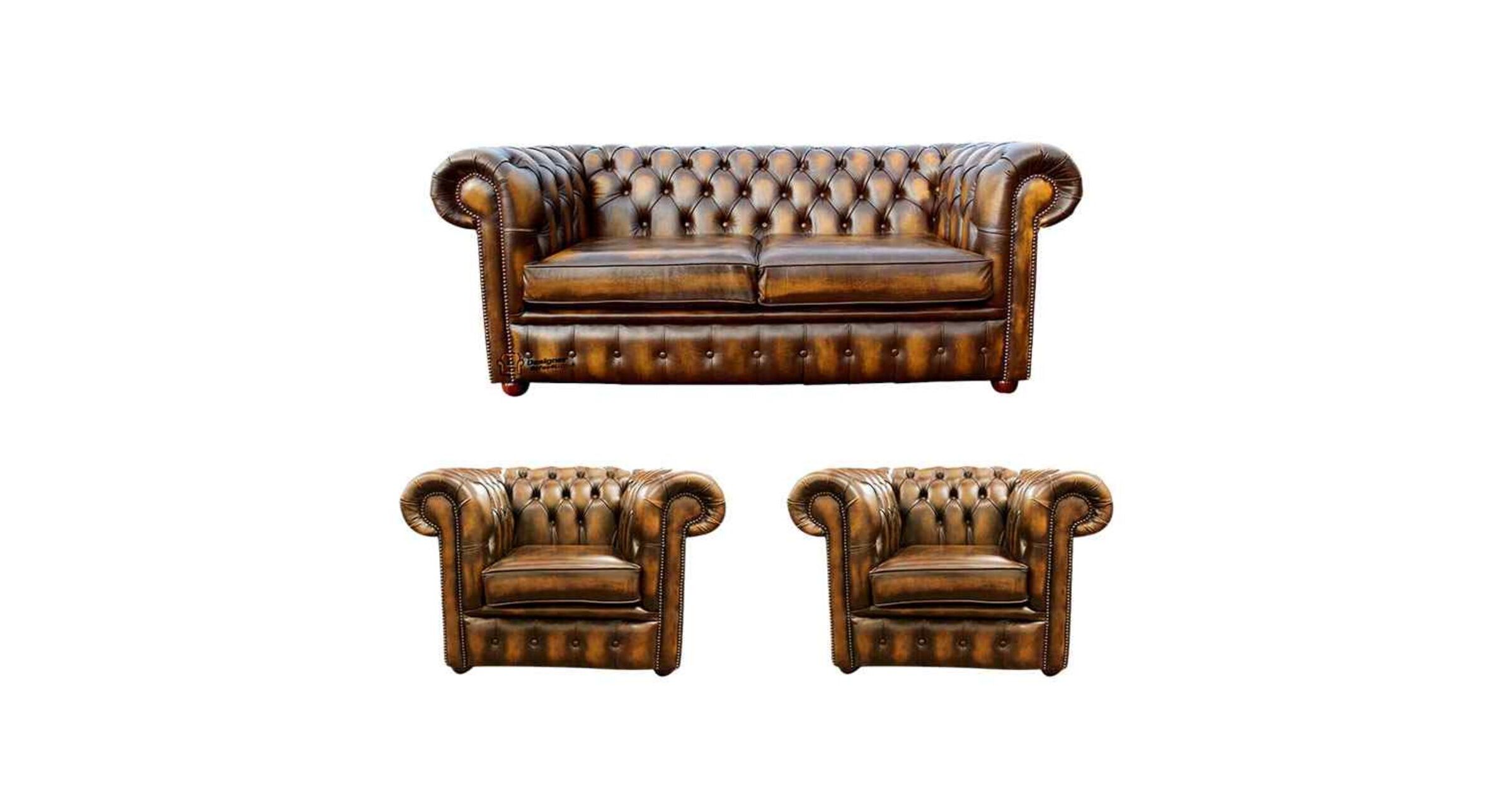 Chesterfield 2 Seater Sofa + 2 x Club Chairs Leather Sofa Suite Offer Antique Gold