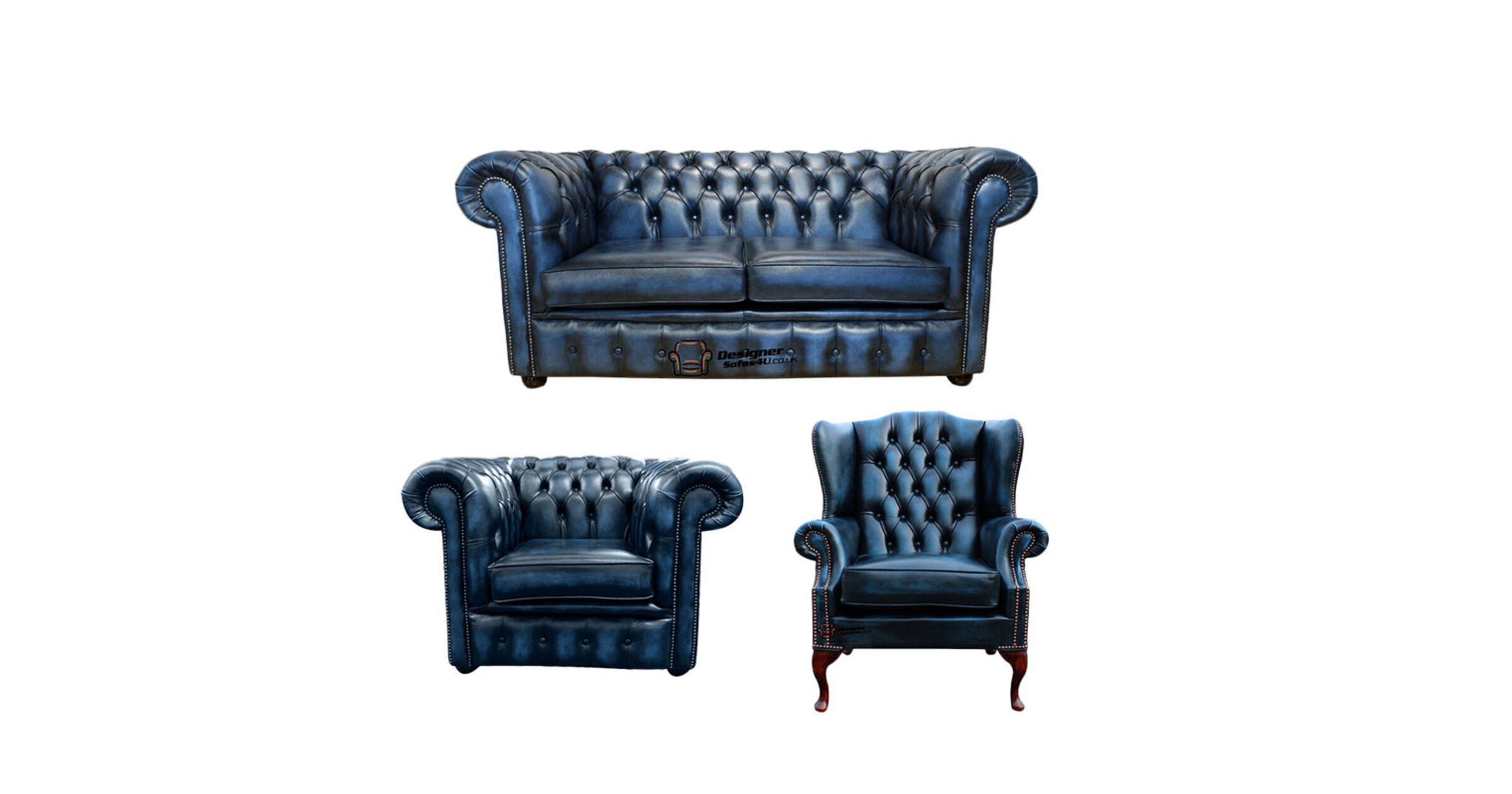 Chesterfield 2 Seater Sofa + Club Chair + Mallory Wing Chair Leather Sofa Suite Offer Antique Blue