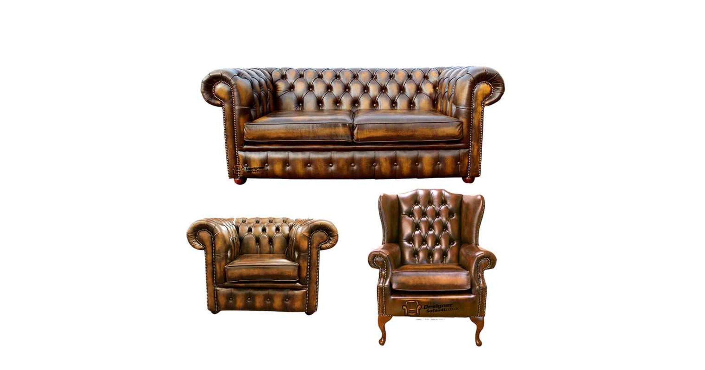 Chesterfield 2 Seater Sofa & Club Chair + Mallory Wing Chair Leather Sofa Suite Antique Gold