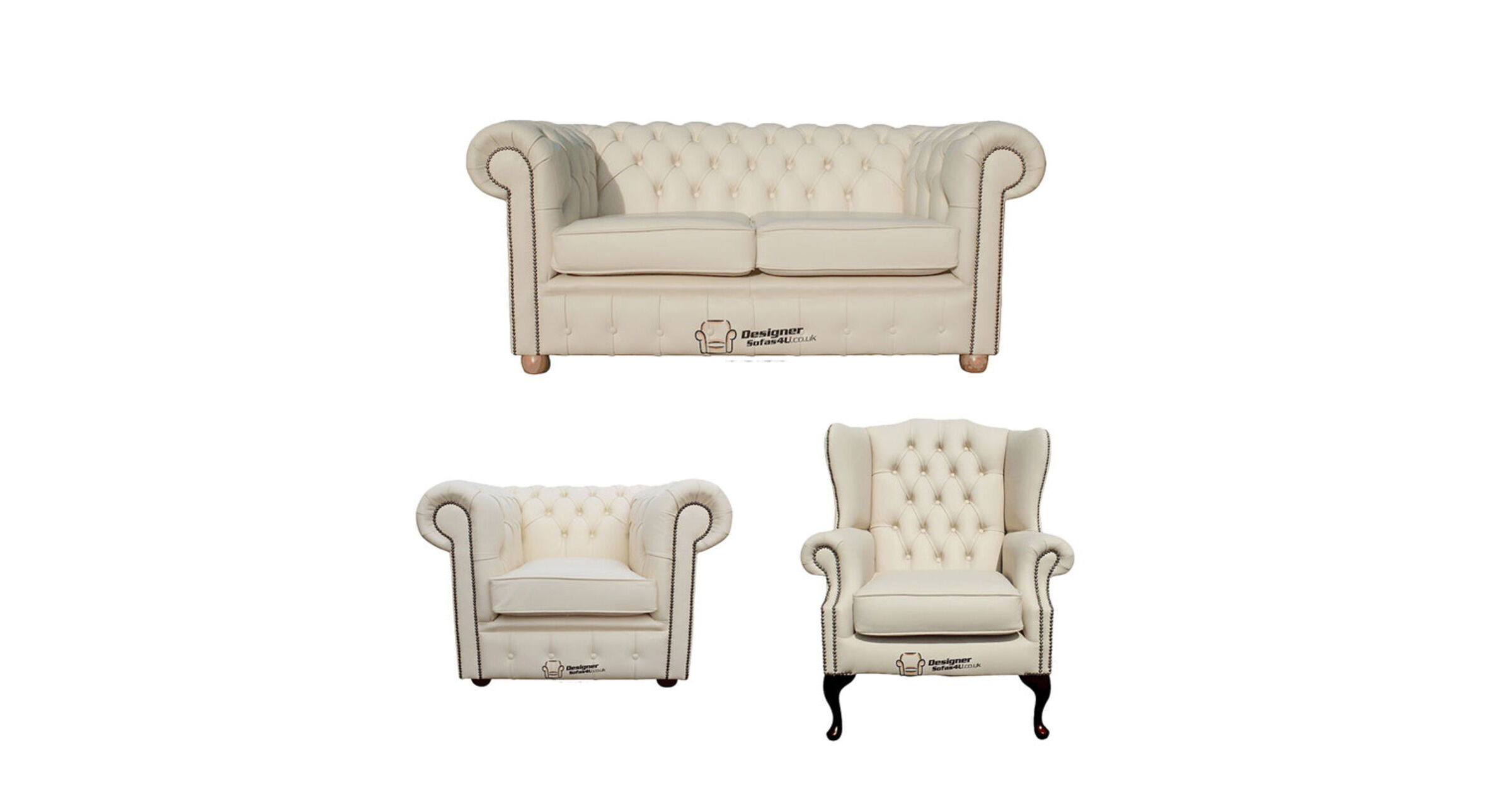 Chesterfield 2 Seater Sofa + Club Chair + Mallory Wing Chair Leather Sofa Suite Offer Cottonseed Cream