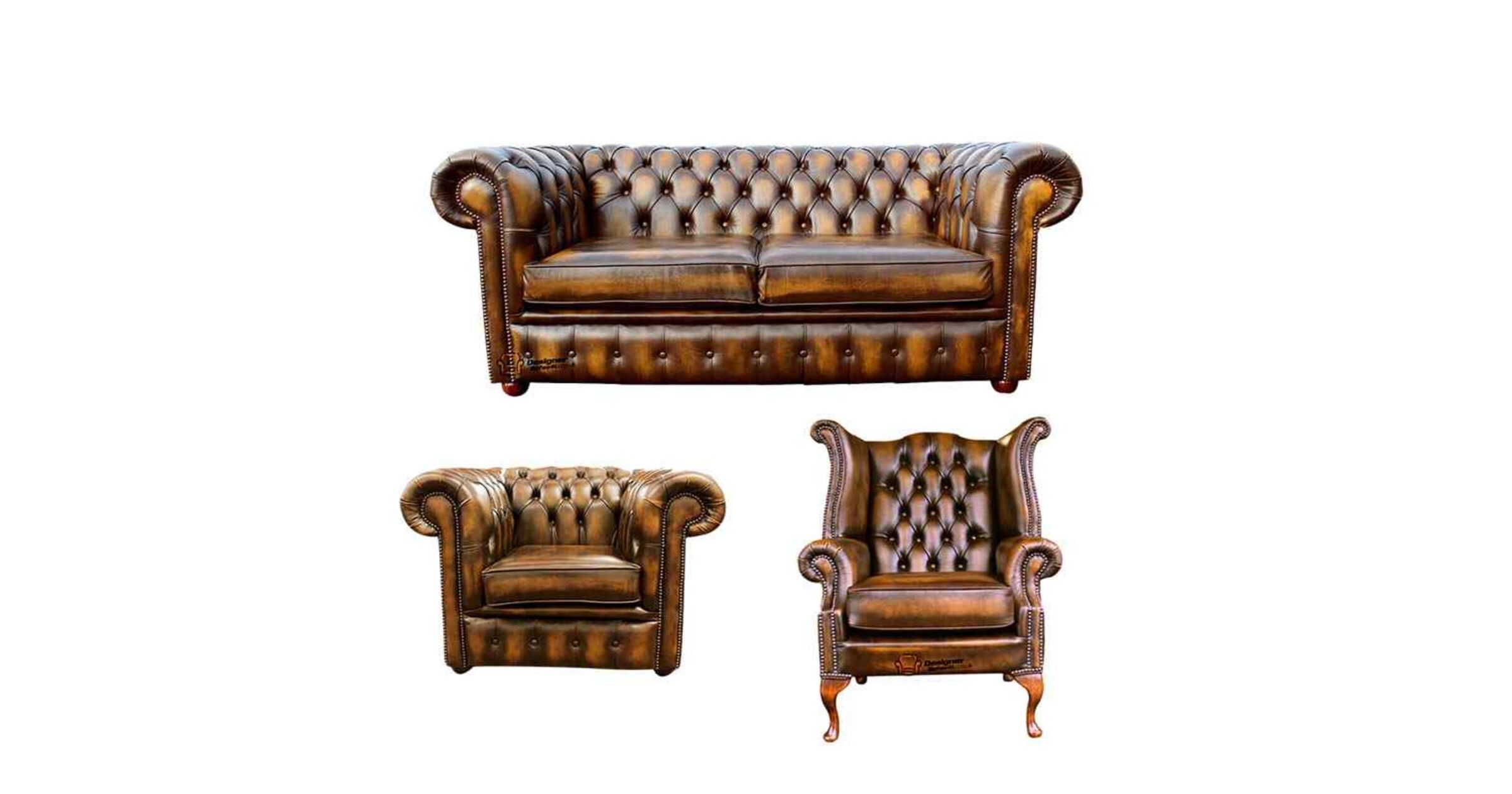 Chesterfield 2 Seater Sofa + Club Chair + Queen Anne Wing Chair Leather Sofa Suite Offer Antique Gold