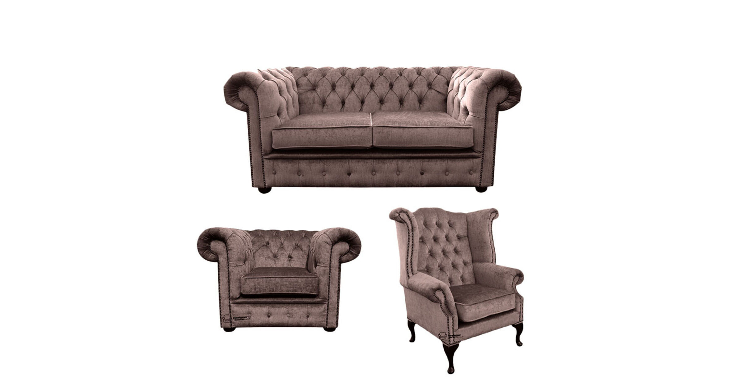 Chesterfield 2 Seater Sofa + Club Chair + Queen anne chair Harmony Charcoal Velvet Sofa Suite Offer