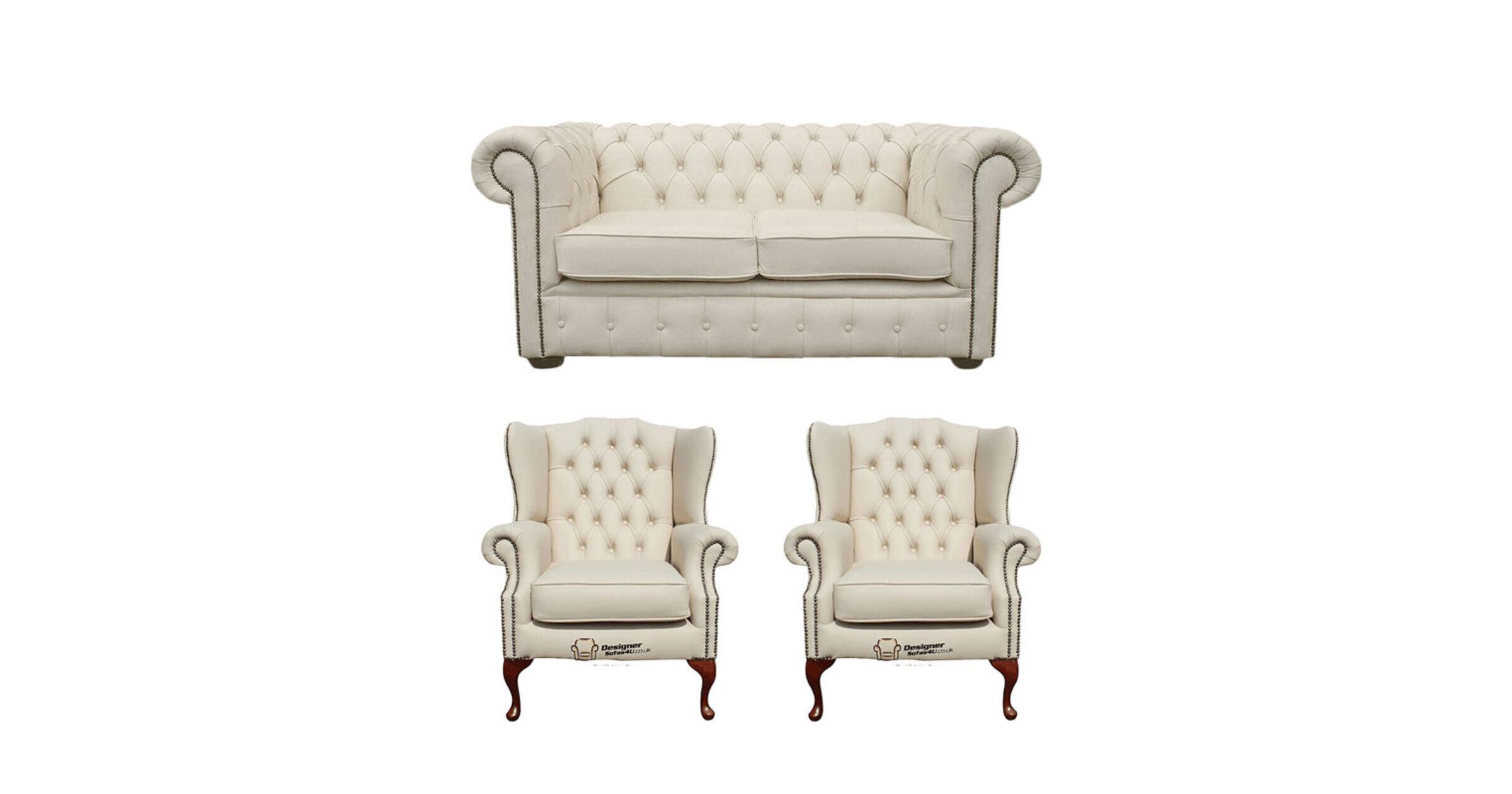 Chesterfield 2 Seater Sofa + 2 x Mallory Wing Chairs Leather Sofa Suite Offer Ivory