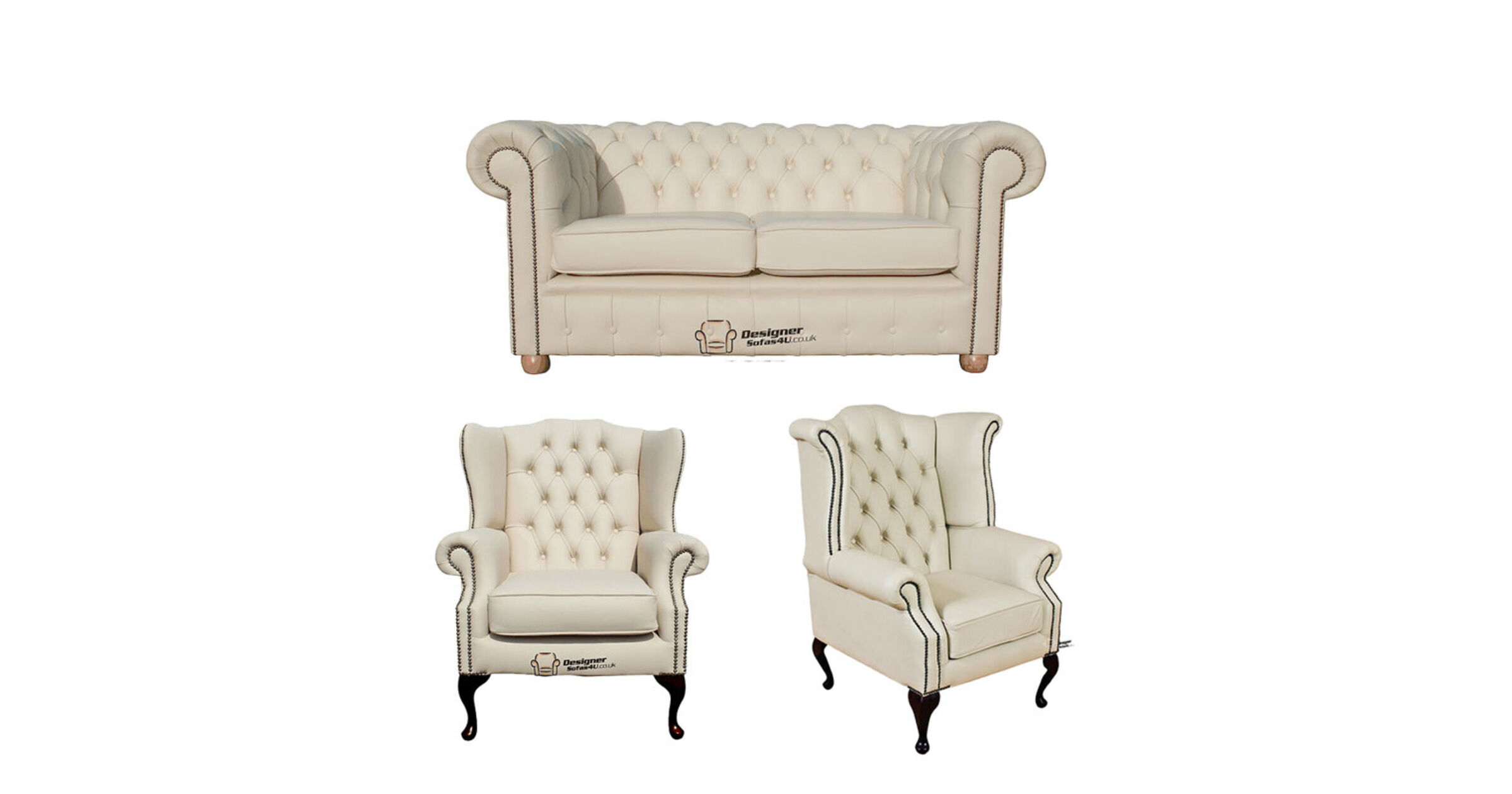 Chesterfield 2 Seater Sofa + 1 x Mallory Wing Chair + 1 x Queen Anne Wing Chair Leather Sofa Suite Offer Cottonseed Cream