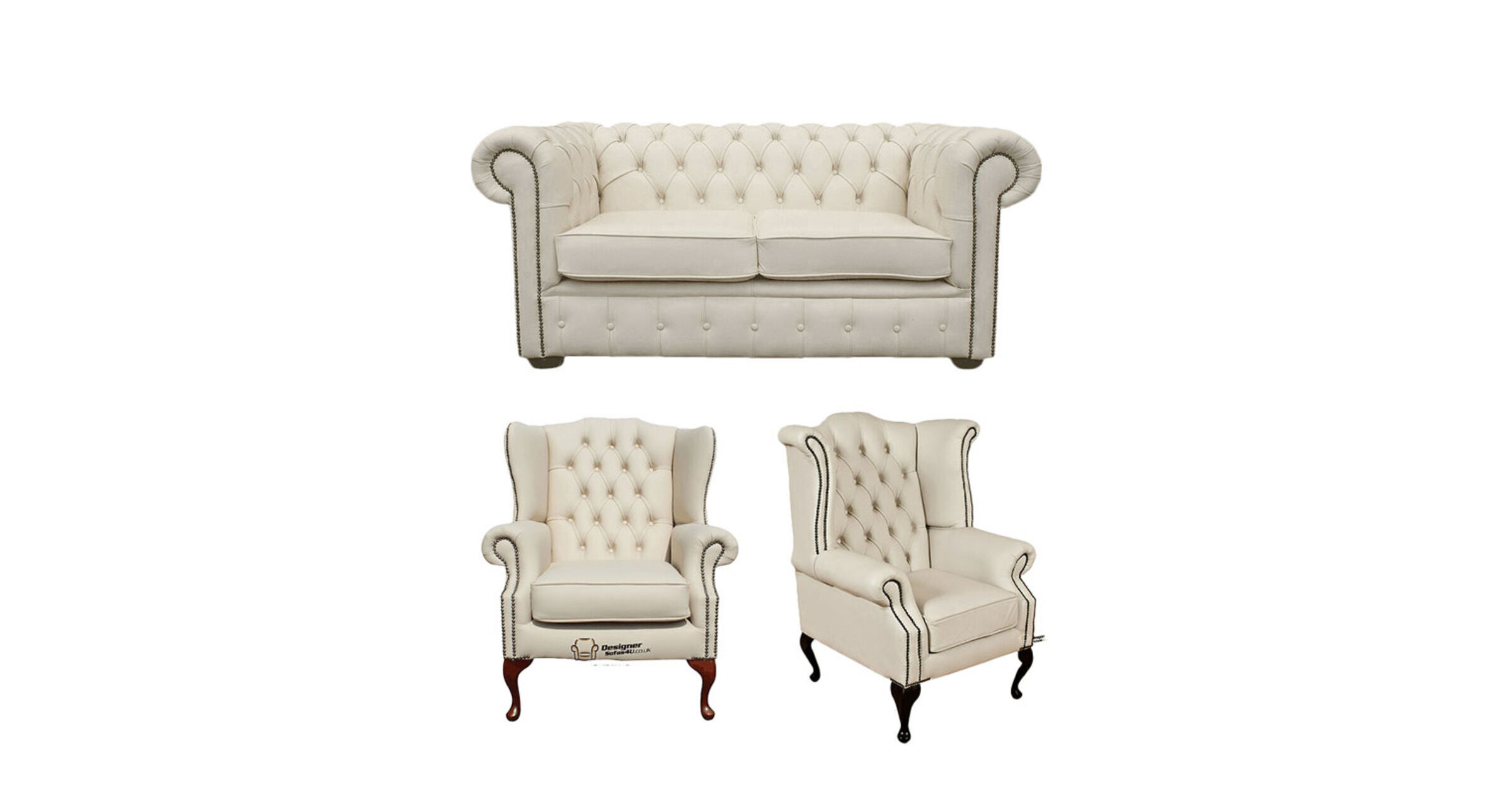 Chesterfield 2 Seater Sofa + 1 x Mallory Wing Chair + 1 x Queen Anne Wing Chair Leather Sofa Suite Offer Ivory