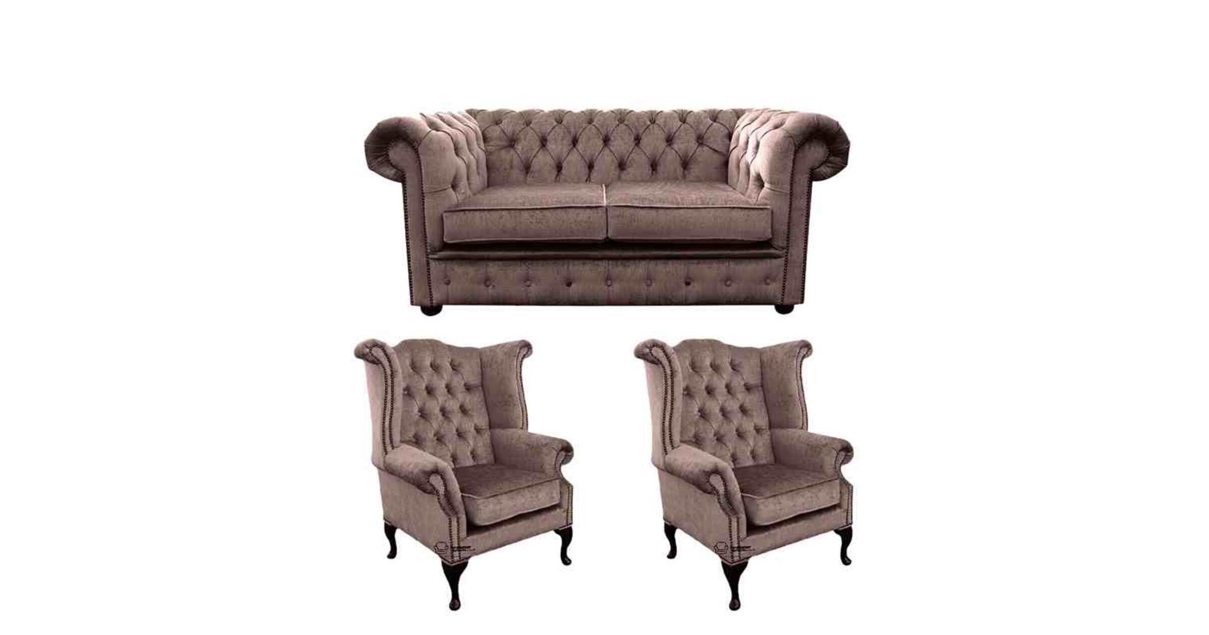 Chesterfield 2 Seater Sofa + 2 x Queen Anne Wing Chairs Harmony Charcoal Velvet Sofa Suite Offer