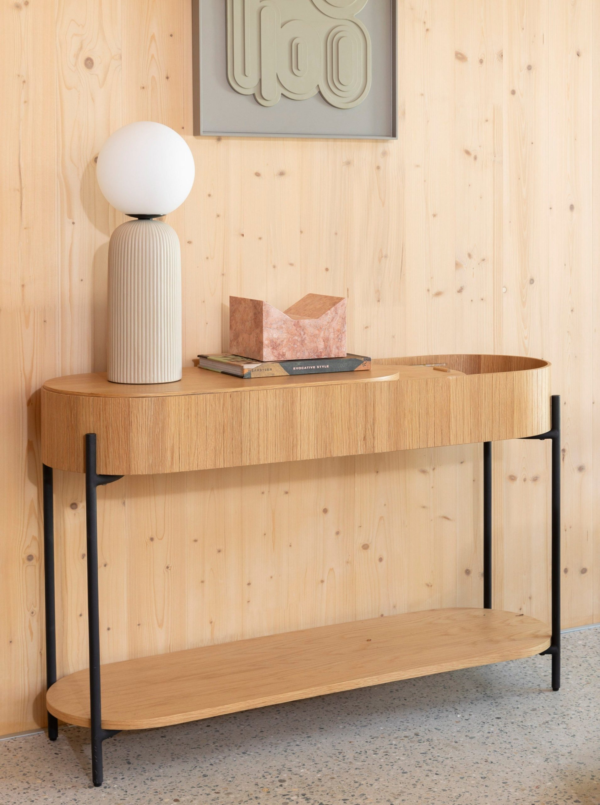 Slides Oak & Metal Oval Console Table