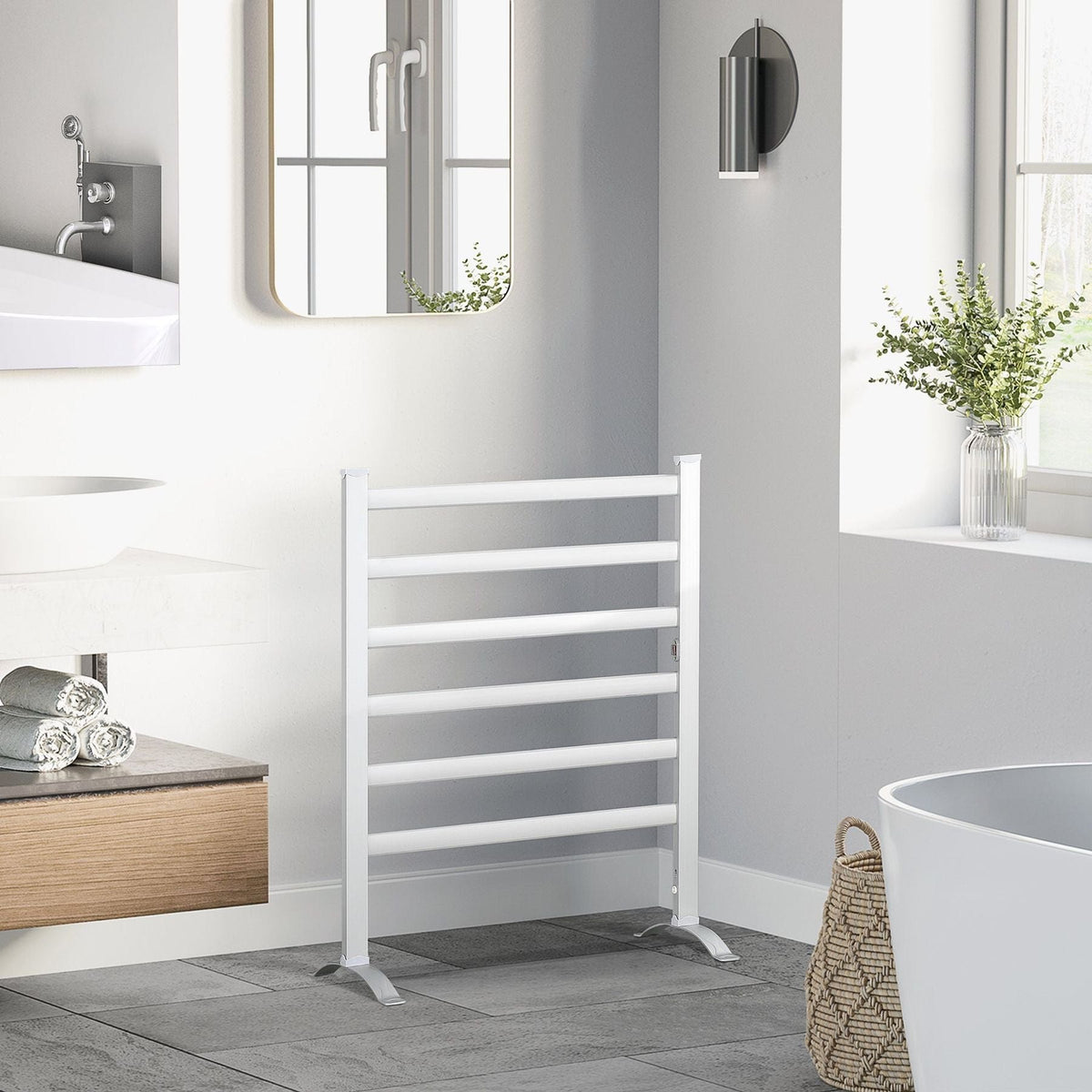 Electric Heated Towel Rail, Wall Mounted & Free Standing – Silver