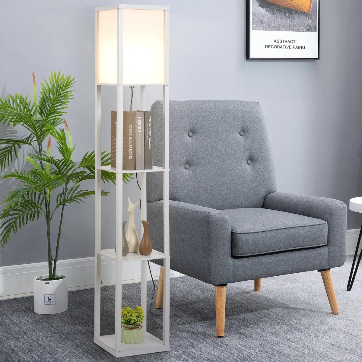 Floor Lamp with 3-Tier Shelves – White