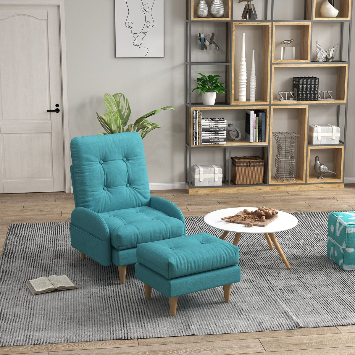 Upholstered Button Tufted Accent Armchair & Footstool Set with Wooden Legs and Side Pockets – Teal