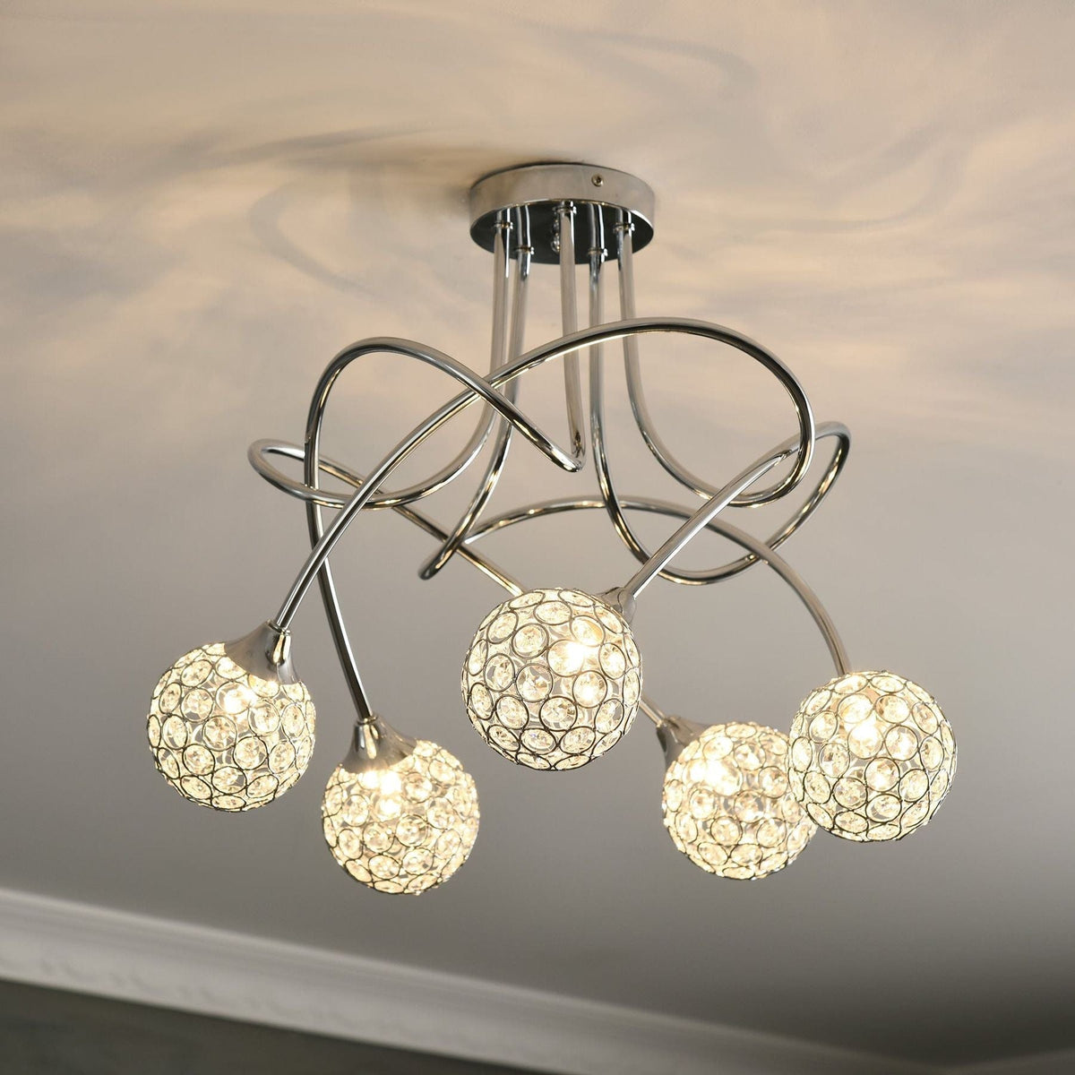 Contemporary Crystal Chandelier with 5 Ball Lampshades – Silver