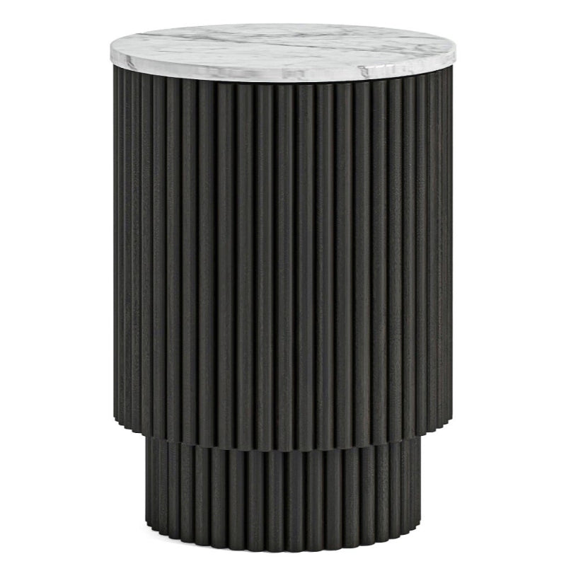 Miles Charcoal Fluted Mango & White Marble Round Side Table with 1 Door