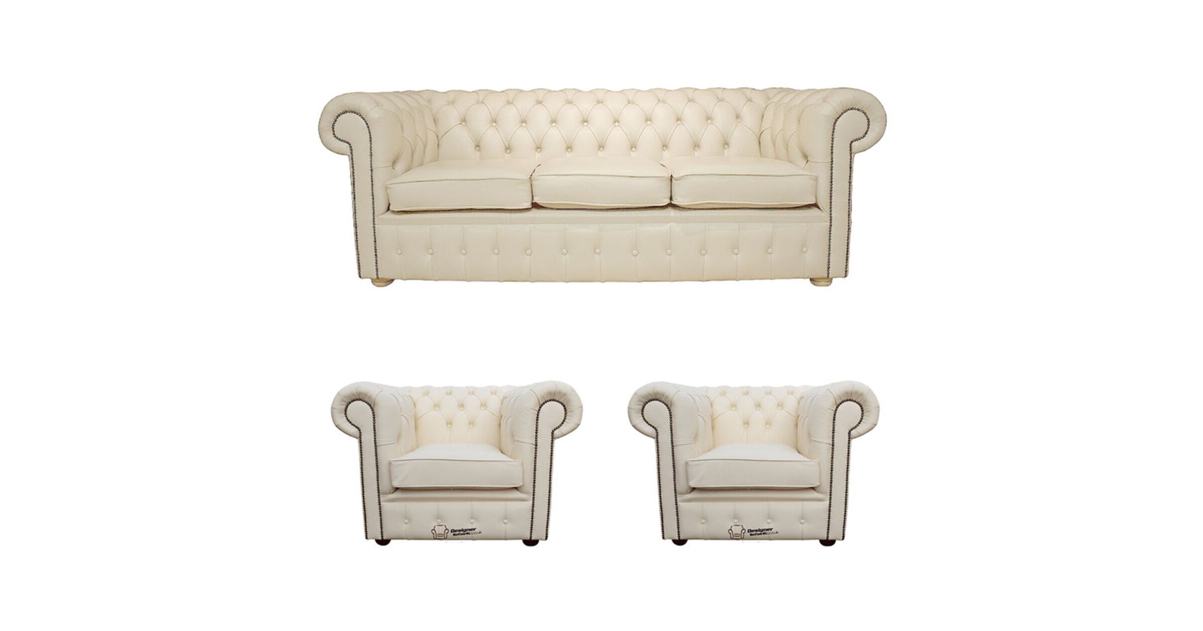 Chesterfield 3 Seater Sofa + 2 x Club Chairs Leather Sofa Suite Offer Cottonseed Cream