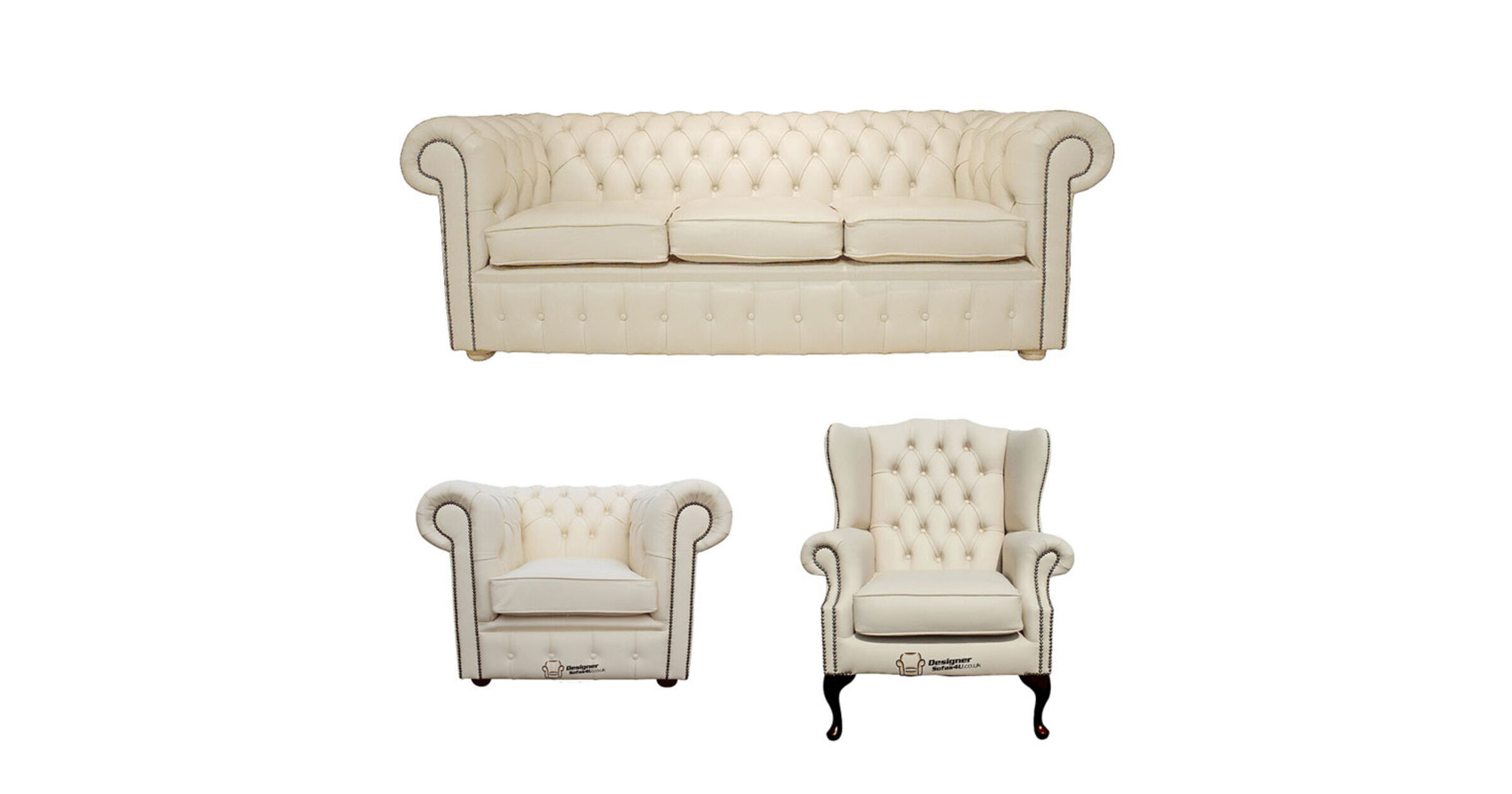 Chesterfield 3 Seater Sofa + Club Chair + Mallory Wing Chair Leather Sofa Suite Offer Cottonseed Cream