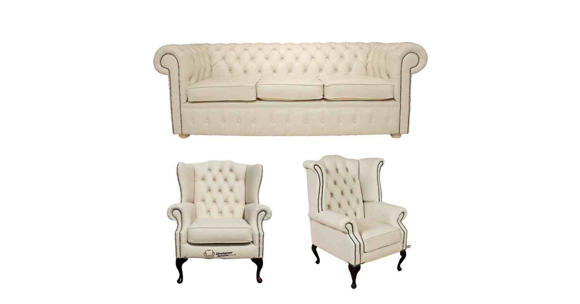 Chesterfield 3 Seater Sofa + 1 x Mallory Wing Chair + 1 x Queen Anne Wing Chair Leather Sofa Suite Offer Ivory