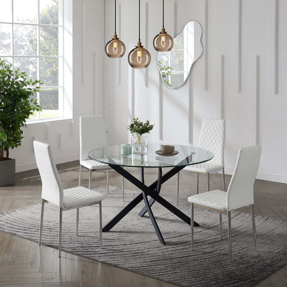 Livorno Black Leg Glass Dining Table & 4 Sierra Chairs, White Chair with Silver Legs