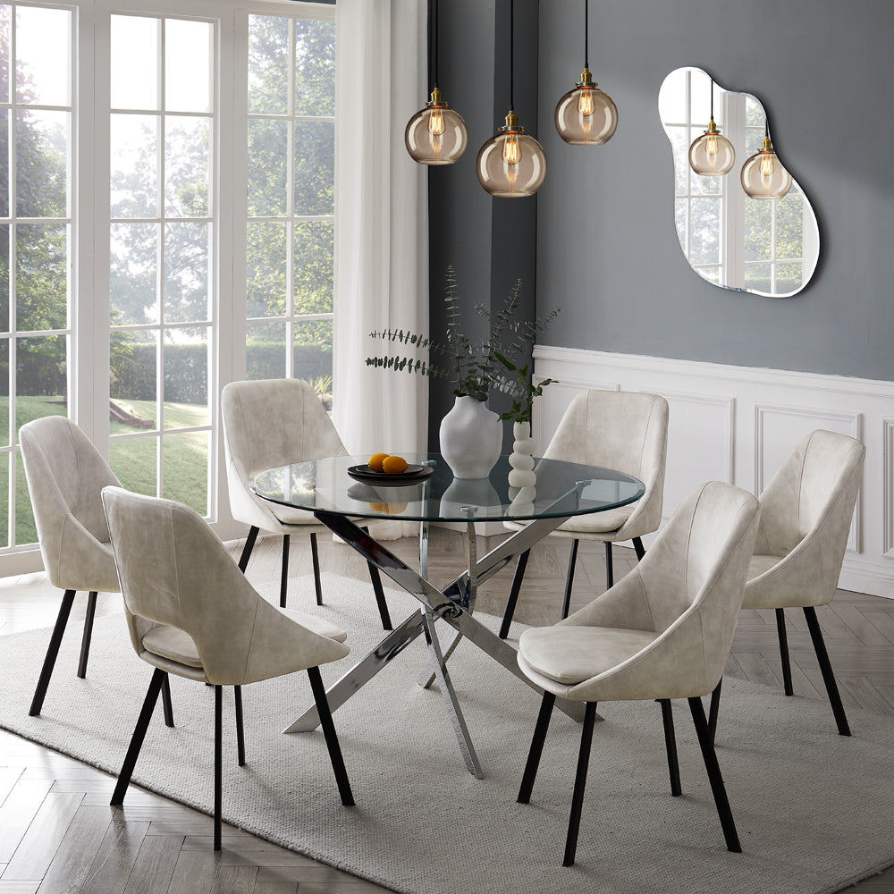 Livorno Silver Leg Glass Dining Table & 6 Bilbao Chairs, Ivory Fabric