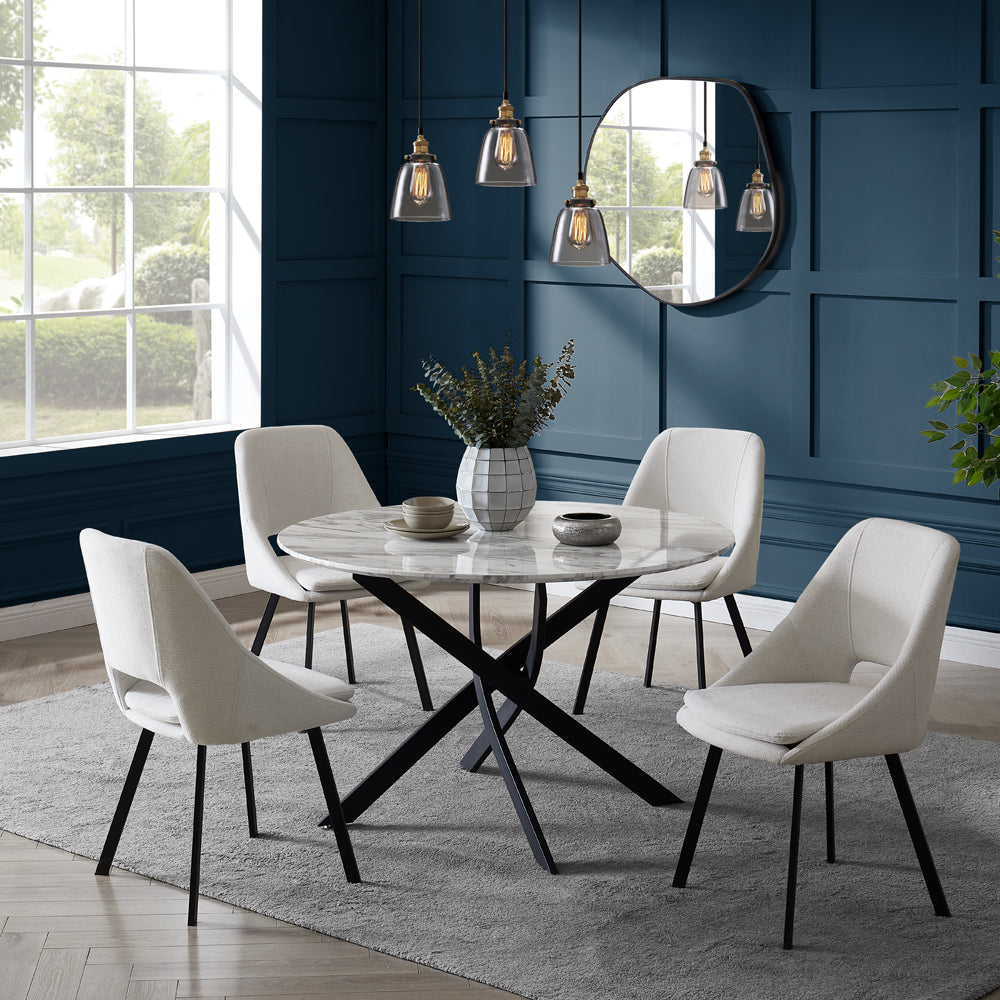 Modena Marble Effect Dining Table & 4 Bilbao Chairs, Ivory Fabric