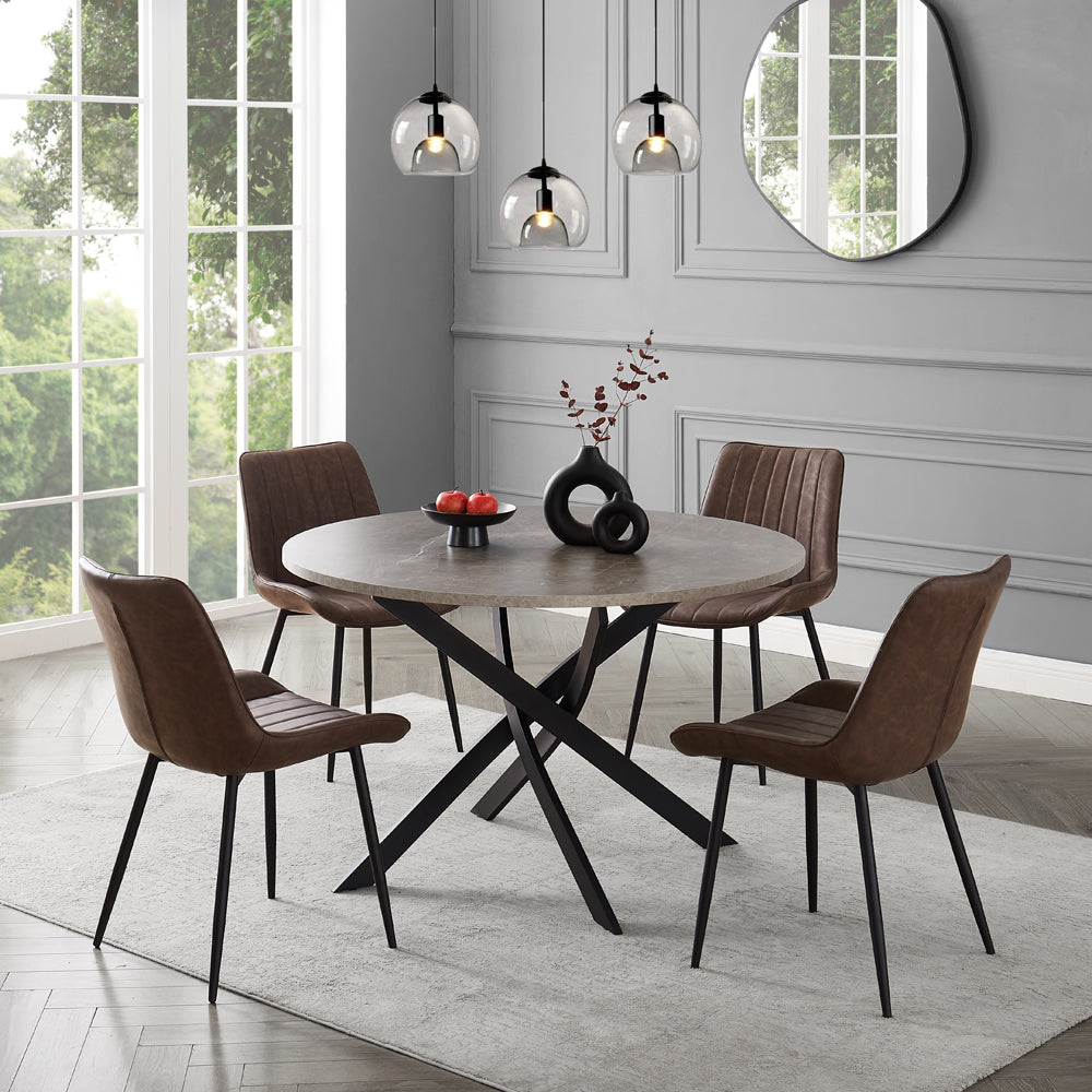 Rocco Concrete Effect Dining Table & 4 Girona Chairs, Brown Faux Leather