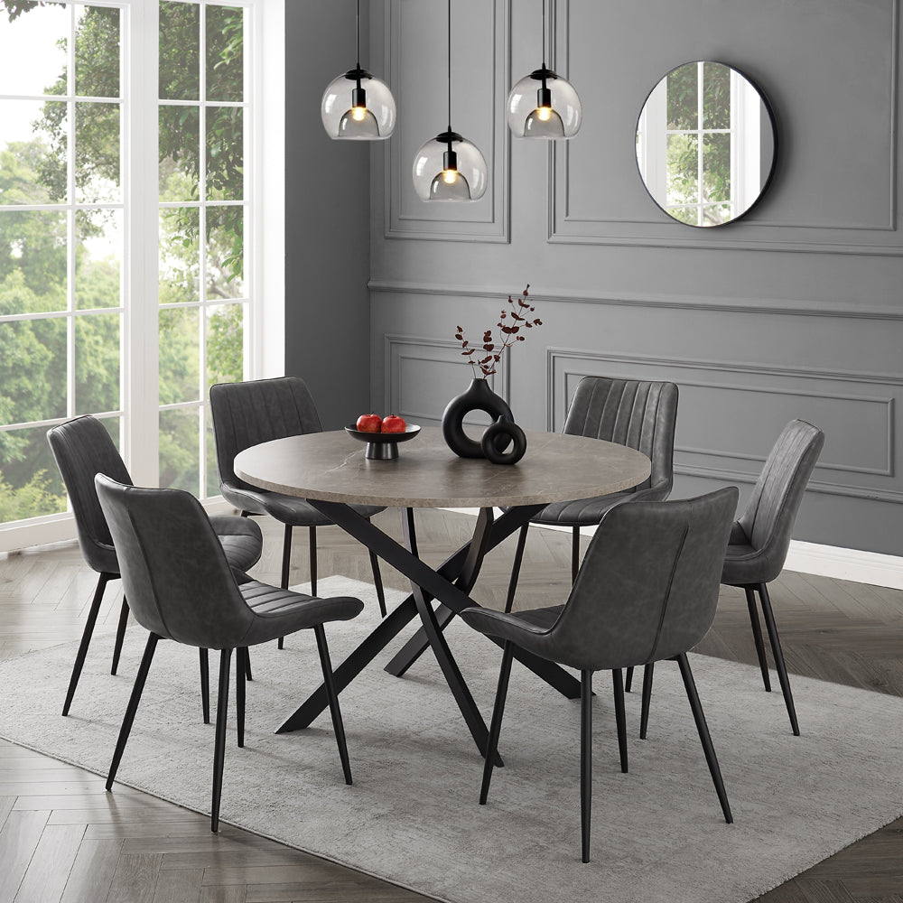 Rocco Concrete Effect Dining Table & 6 Girona Chairs, Grey Faux Leather