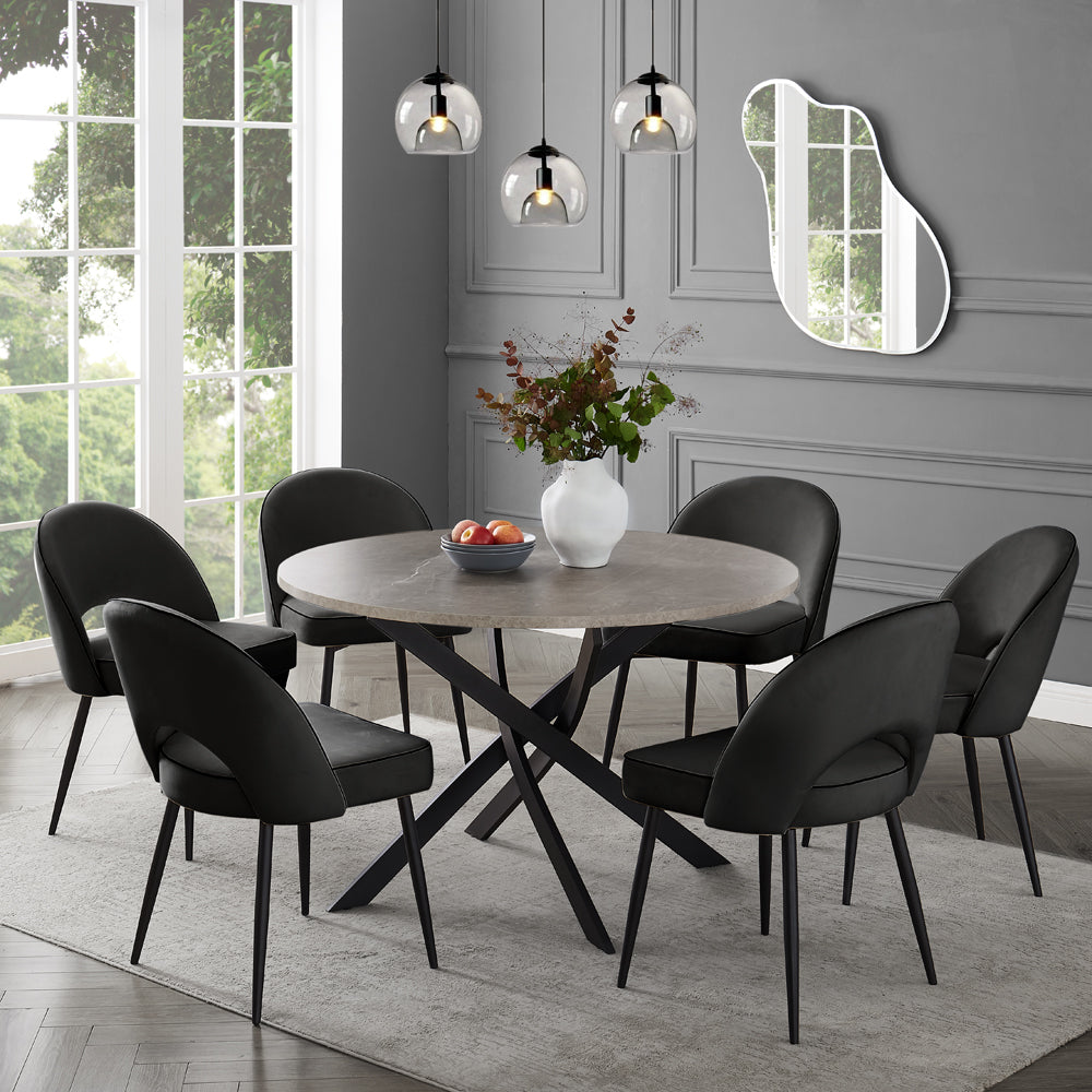 Rocco Concrete Effect Dining Table & 6 Tiago Chairs, Black Velvet