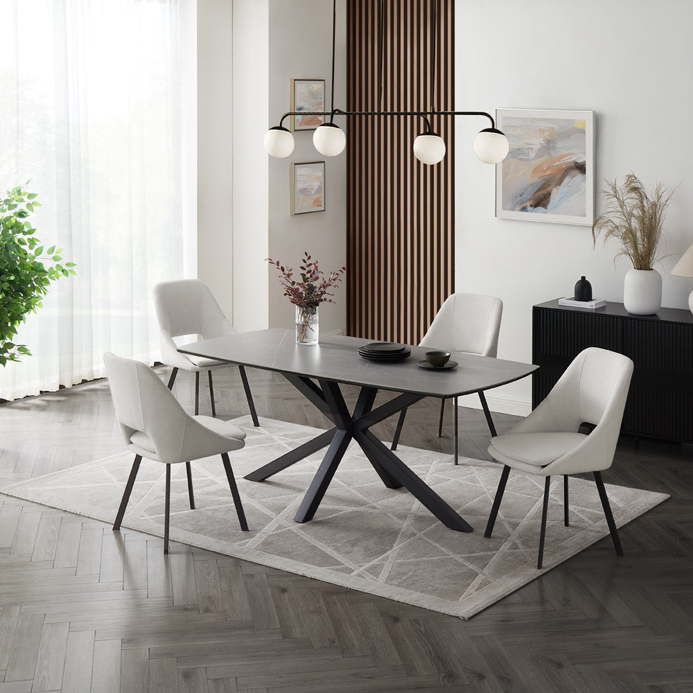 Verona Grey 150cm Ceramic Dining Table & 4 Bilbao Chairs, Ivory Fabric