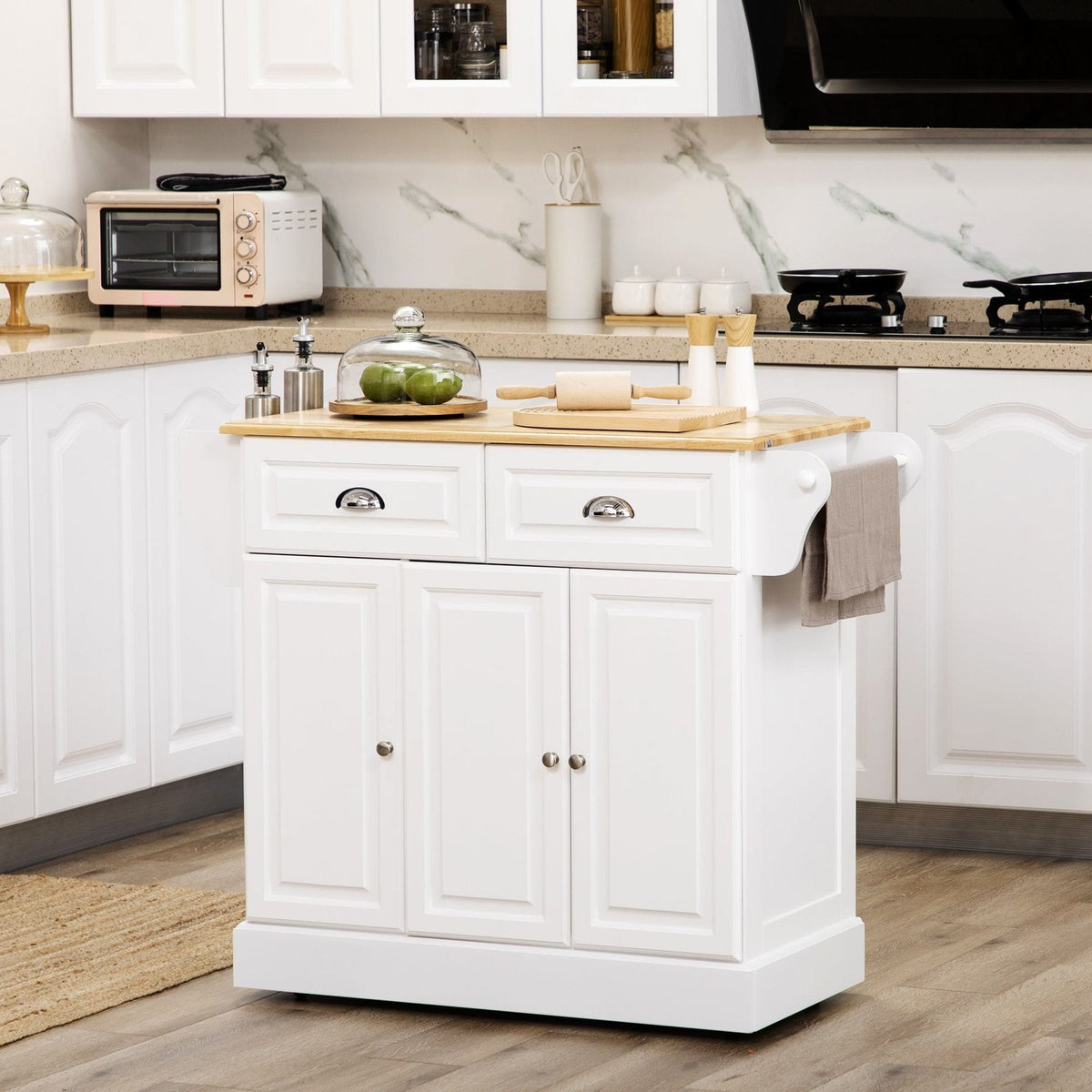 Kitchen Island on Wheels with Rubber Wood Top – White