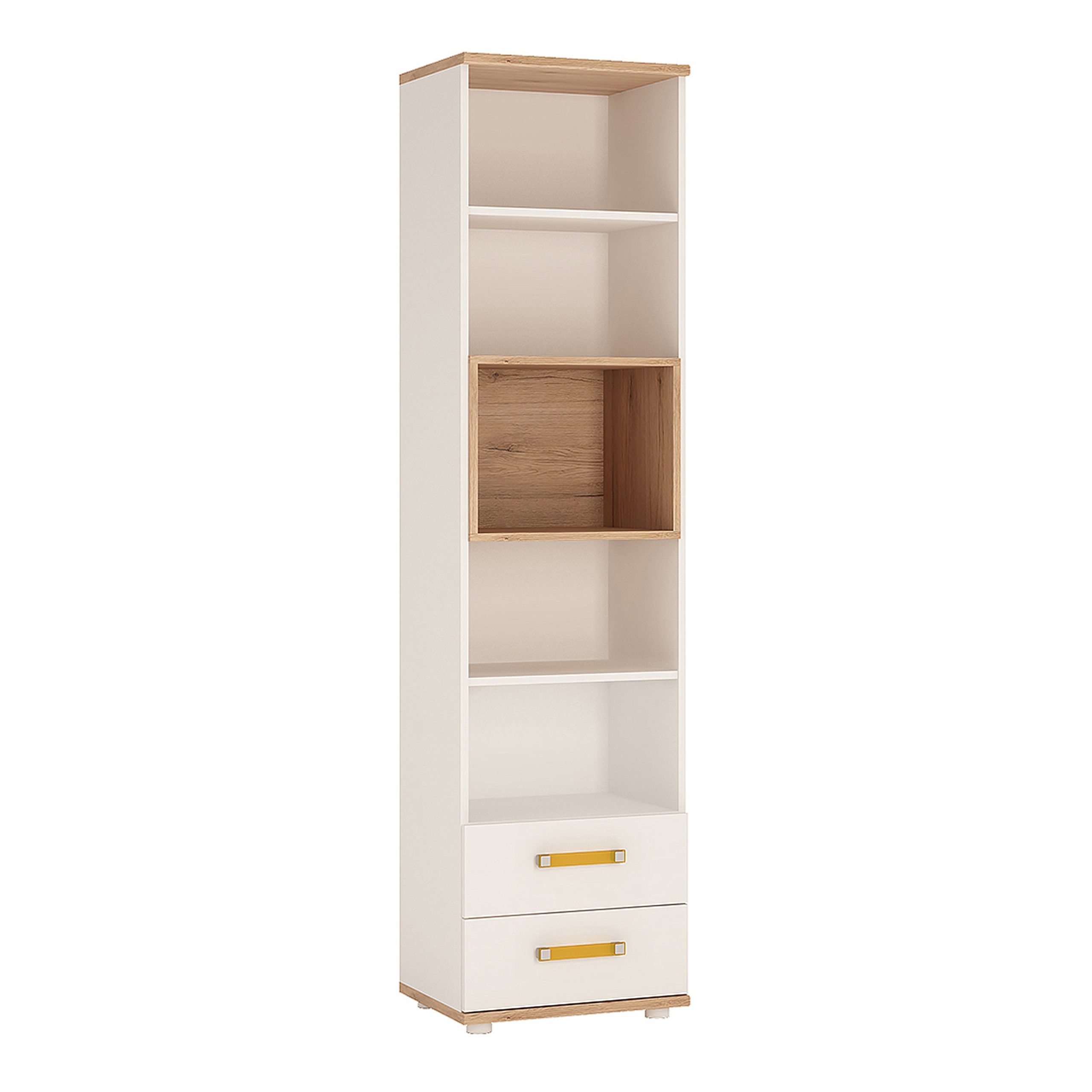 Kids Tall 2 Drawer Bookcase in Light Oak and white High Gloss (orange handles)