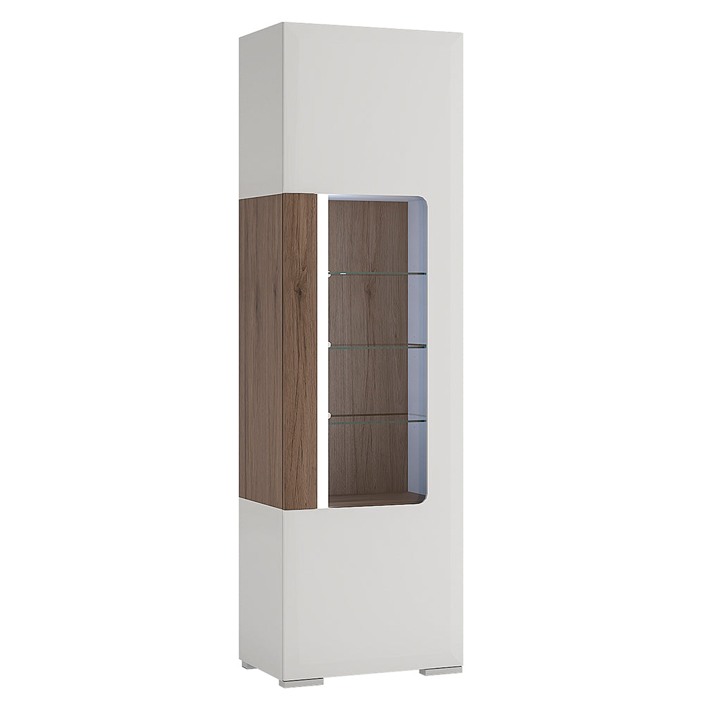 Toronto Tall narrow glazed display cabinet with internal shelves (inc. Plexi Lighting) In White and Oak