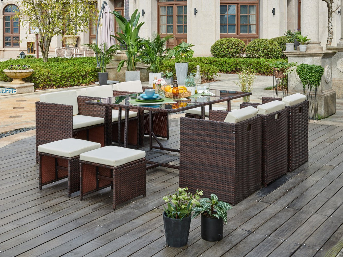 Rattan Garden Furniture Outdoor 11 Piece Cube Set Conservatory Patio Dining, Dark Brown