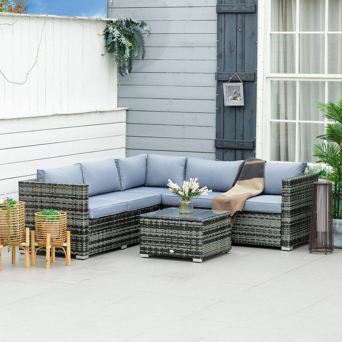 5-Seater Rattan Lounge Set with Corner Sofa, Coffee Table & Cushions – Grey – Outsunny