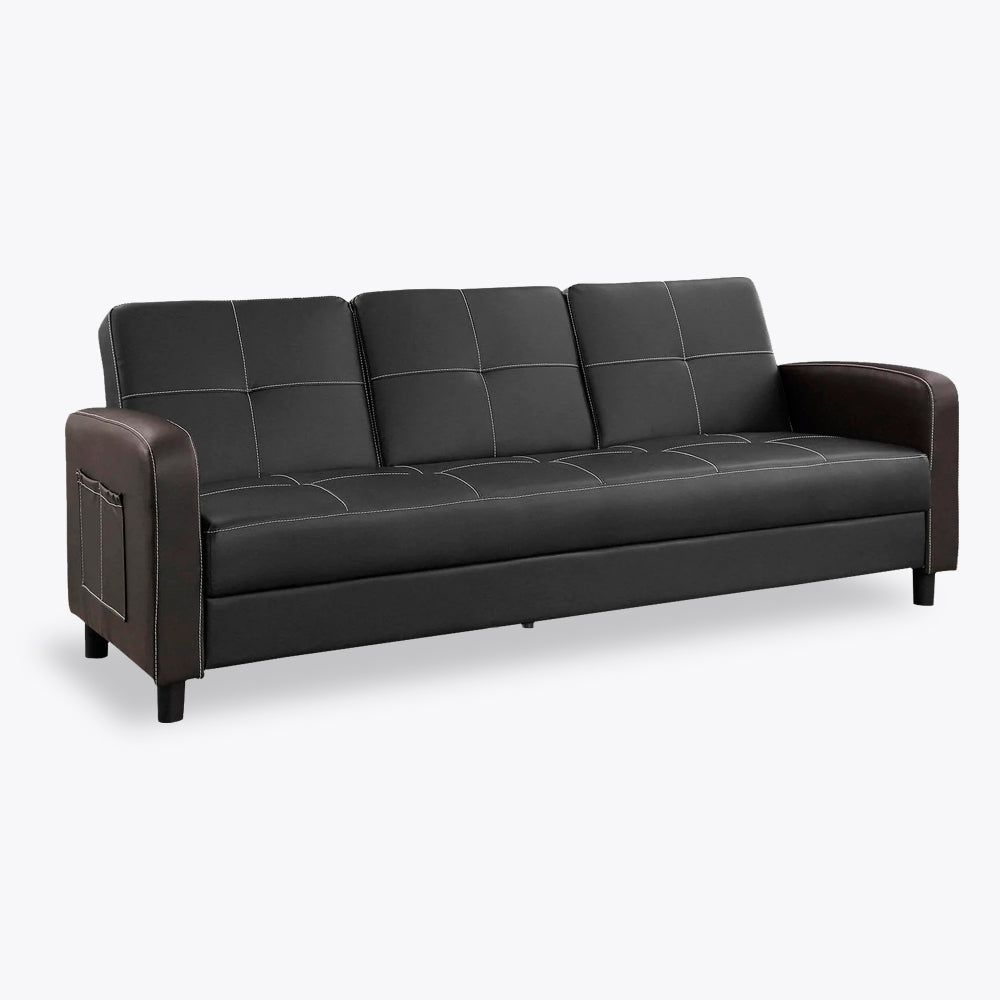 Tampa Sofa Bed, Contrast Stitching, Cupholder Tray, Black Faux Leather