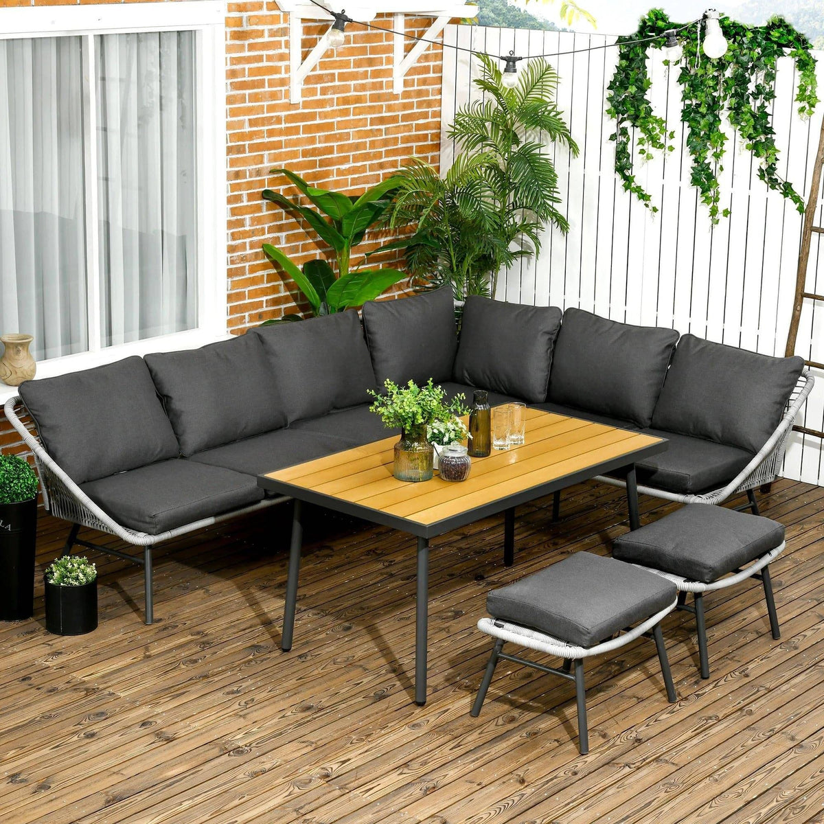 6 Seater Outdoor Furniture Set with Sofa, Footstool and Wooden Effect Plastic Coffee Table – Grey – Outsunny