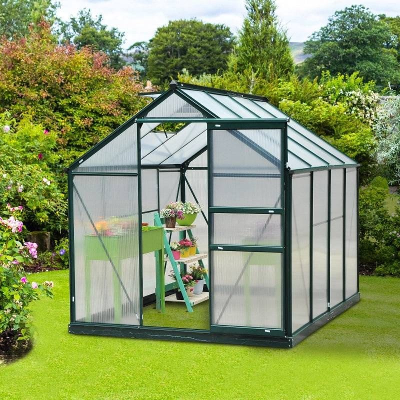 8 x 6 ft Walk-In Polycarbonate Greenhouse with Sliding Door, Galvanised Base & Aluminium Frame – Dark Green – Outsunny