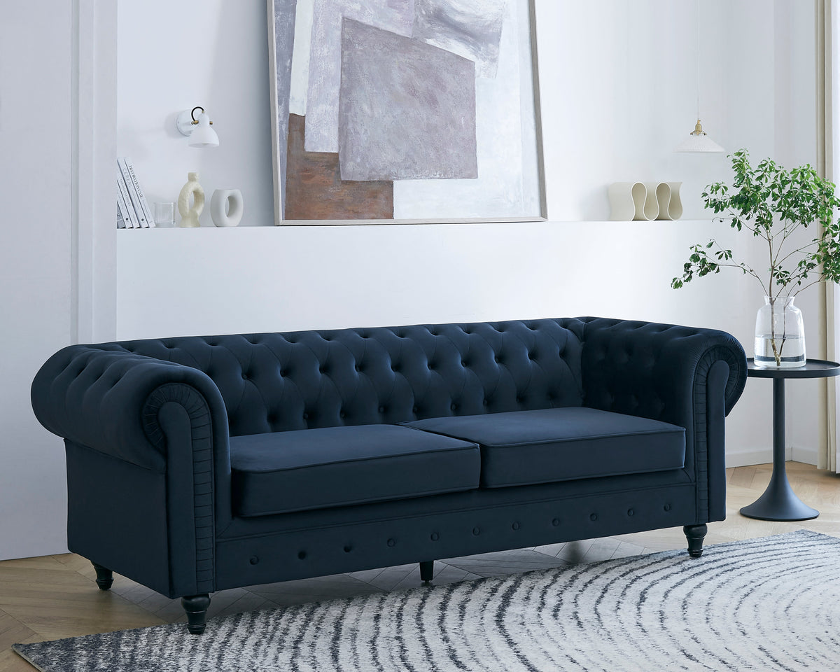 Chesterfield Pleat Velvet Fabric 3 Seater Sofa, Midnight Blue