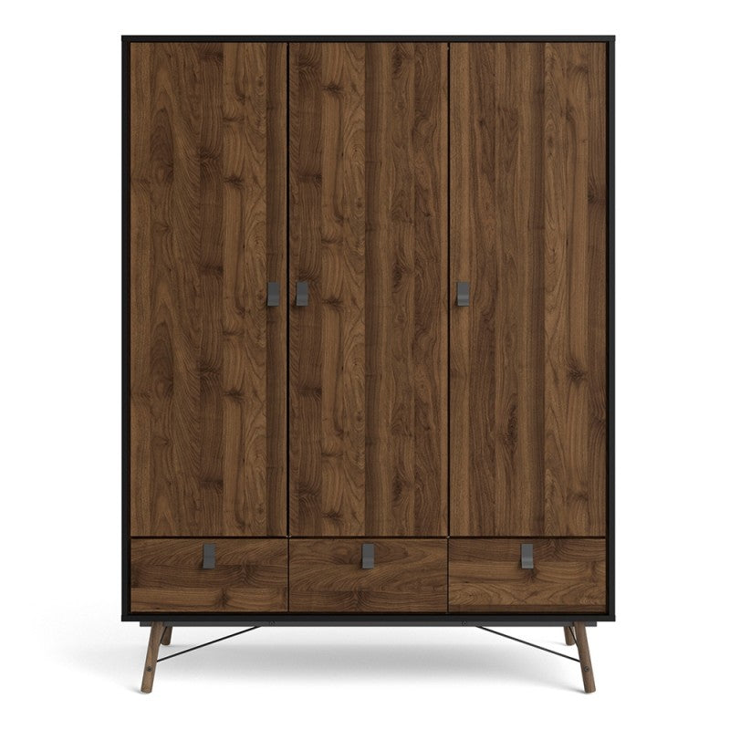 Rena 3 Door 3 Drawer Wardrobe – Matt Black & Walnut