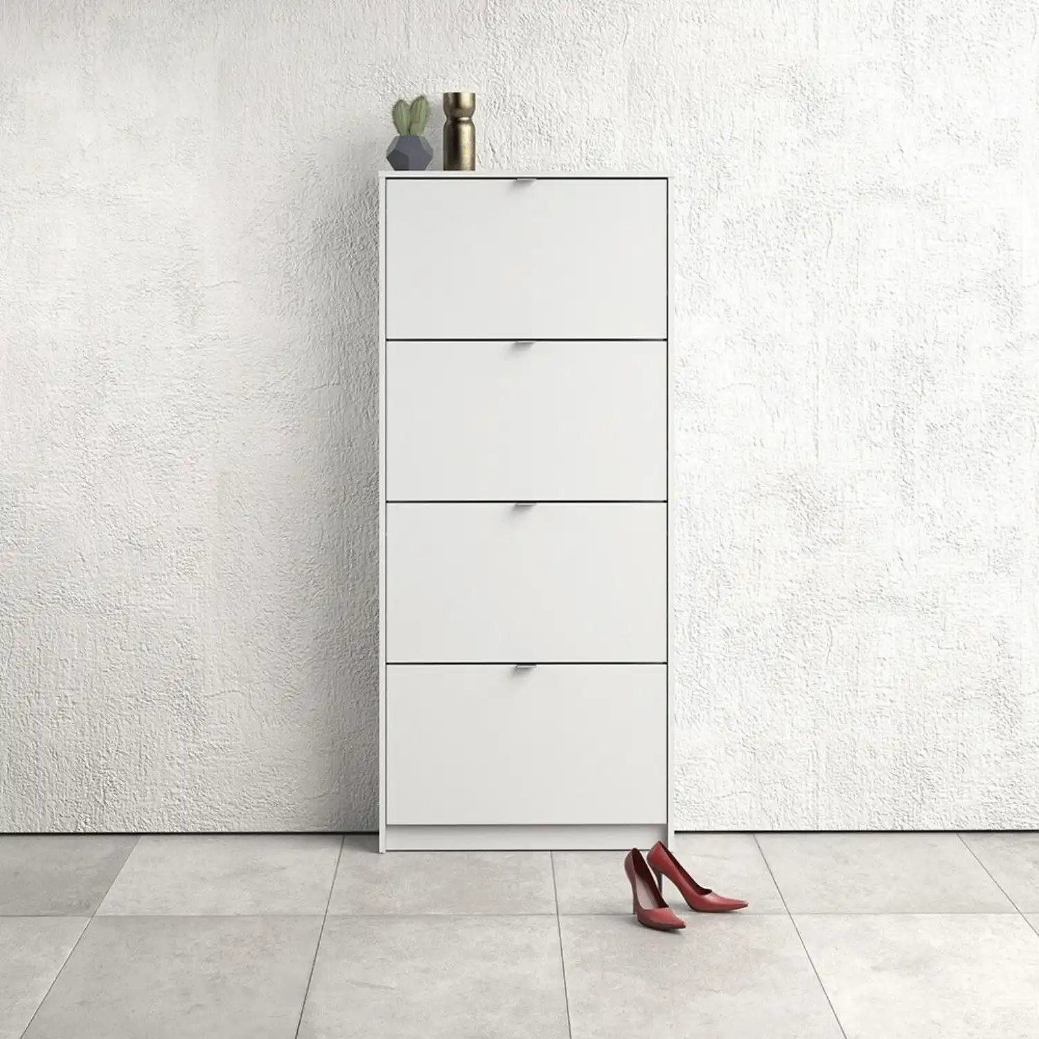 Slim Narrow White 4 Tilting Door Shoe Storage Cabinet