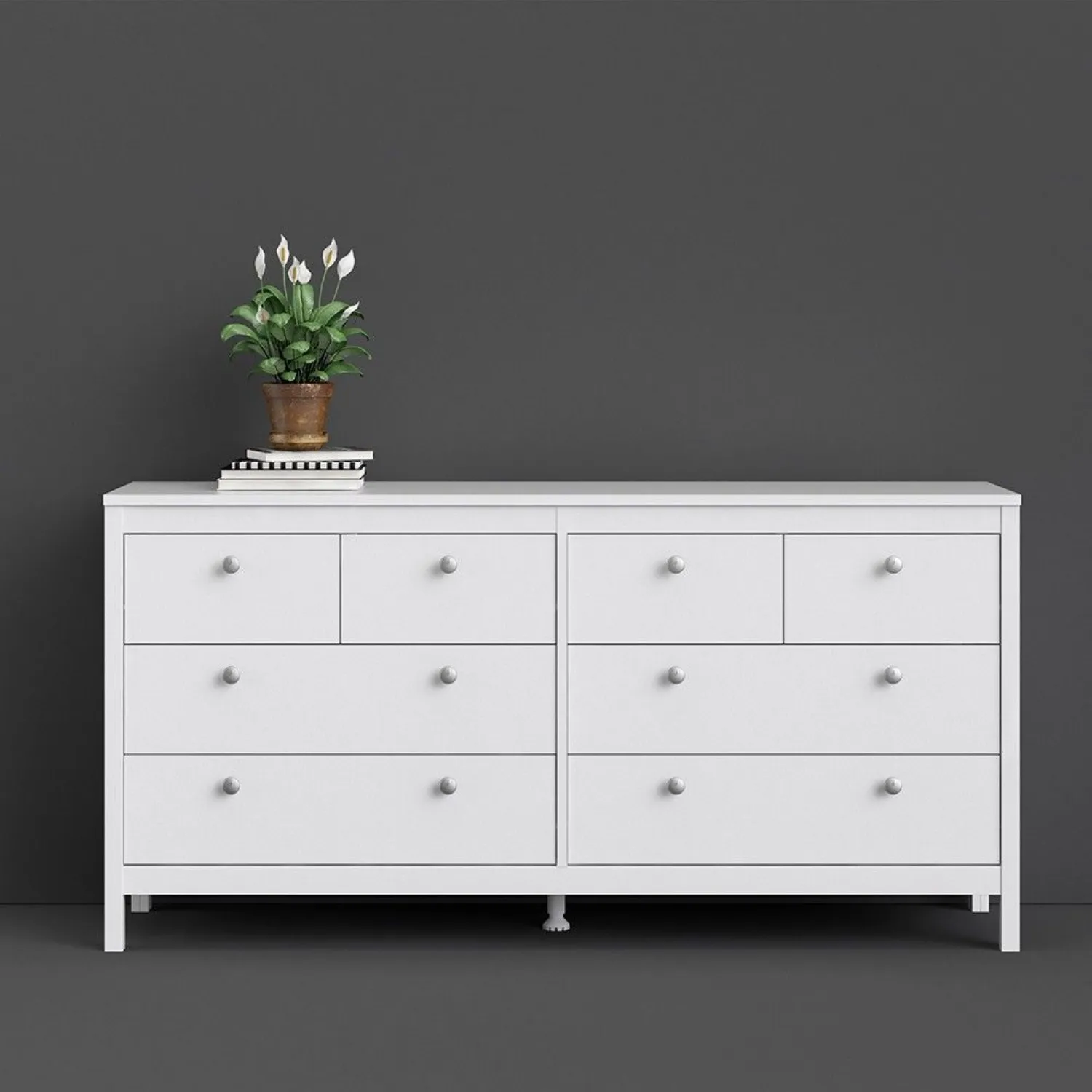 Wide White 8 Drawer Double Dresser With Metal Knobs 79.7×159.4×38.4cm