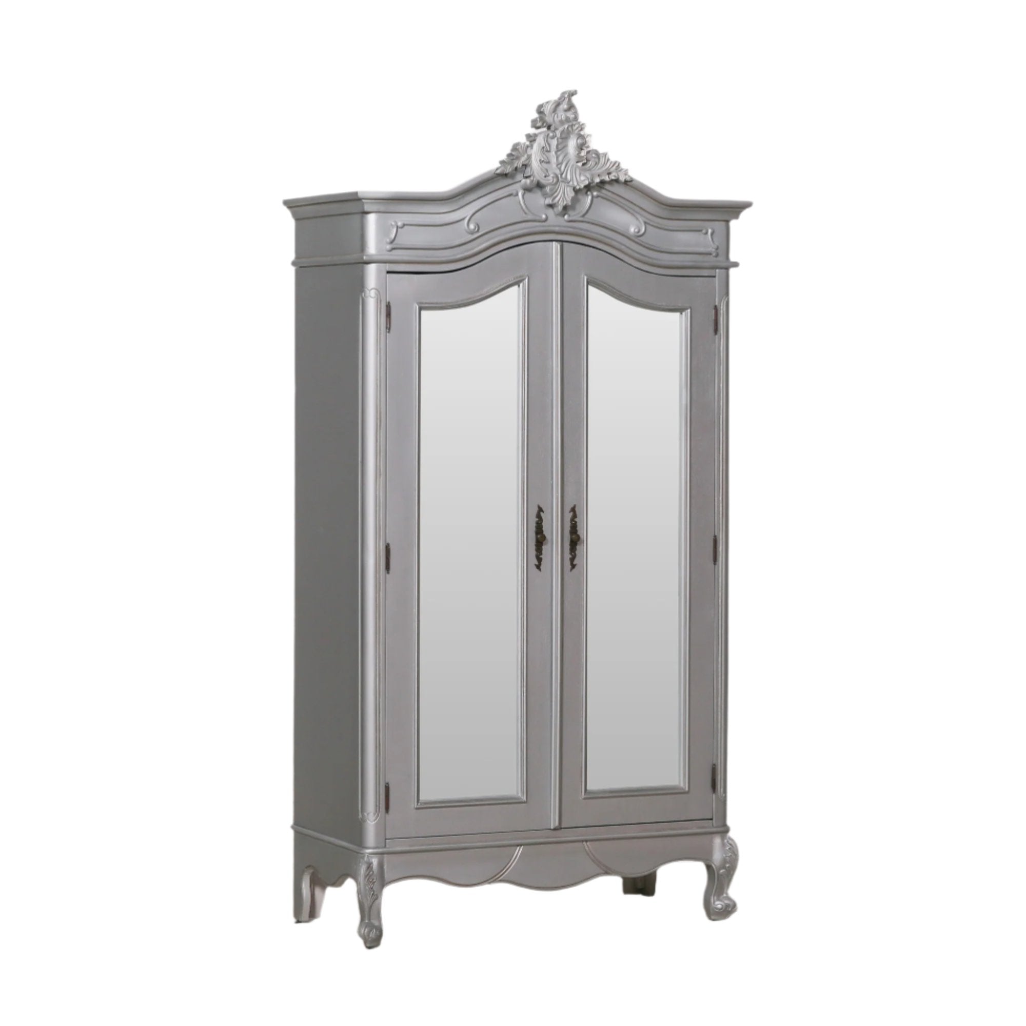 French Style Silver Carved Double Full Mirrored Armoire