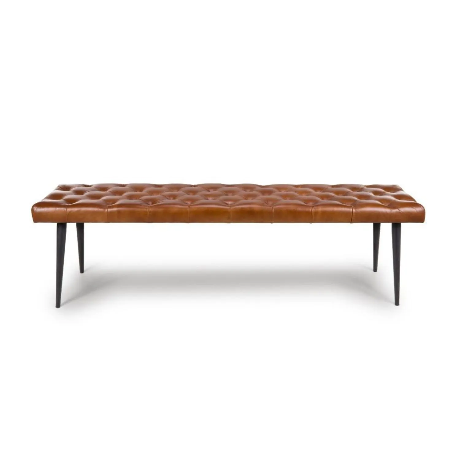 Tan Brown Leather Dining Bench with Black Metal Legs