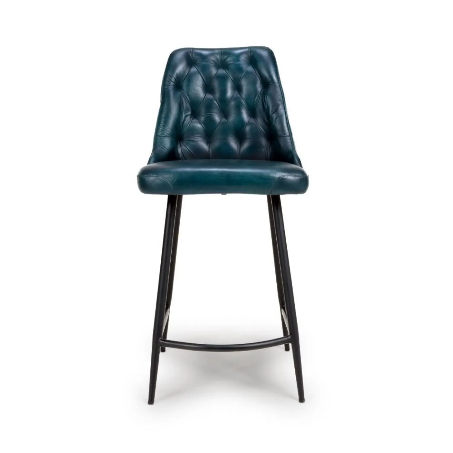 Blue Leather Diamond Stitched Bar Stool Black Metal Legs