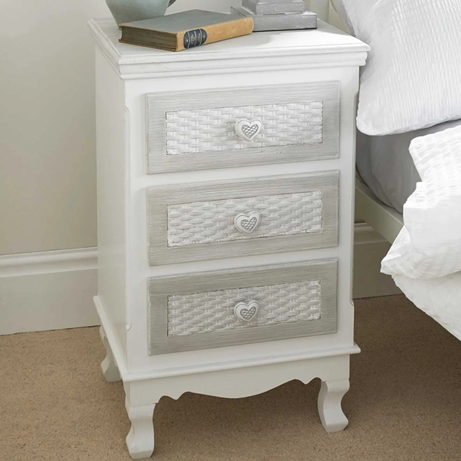 Brittany 3 Drawer Bedside White grey