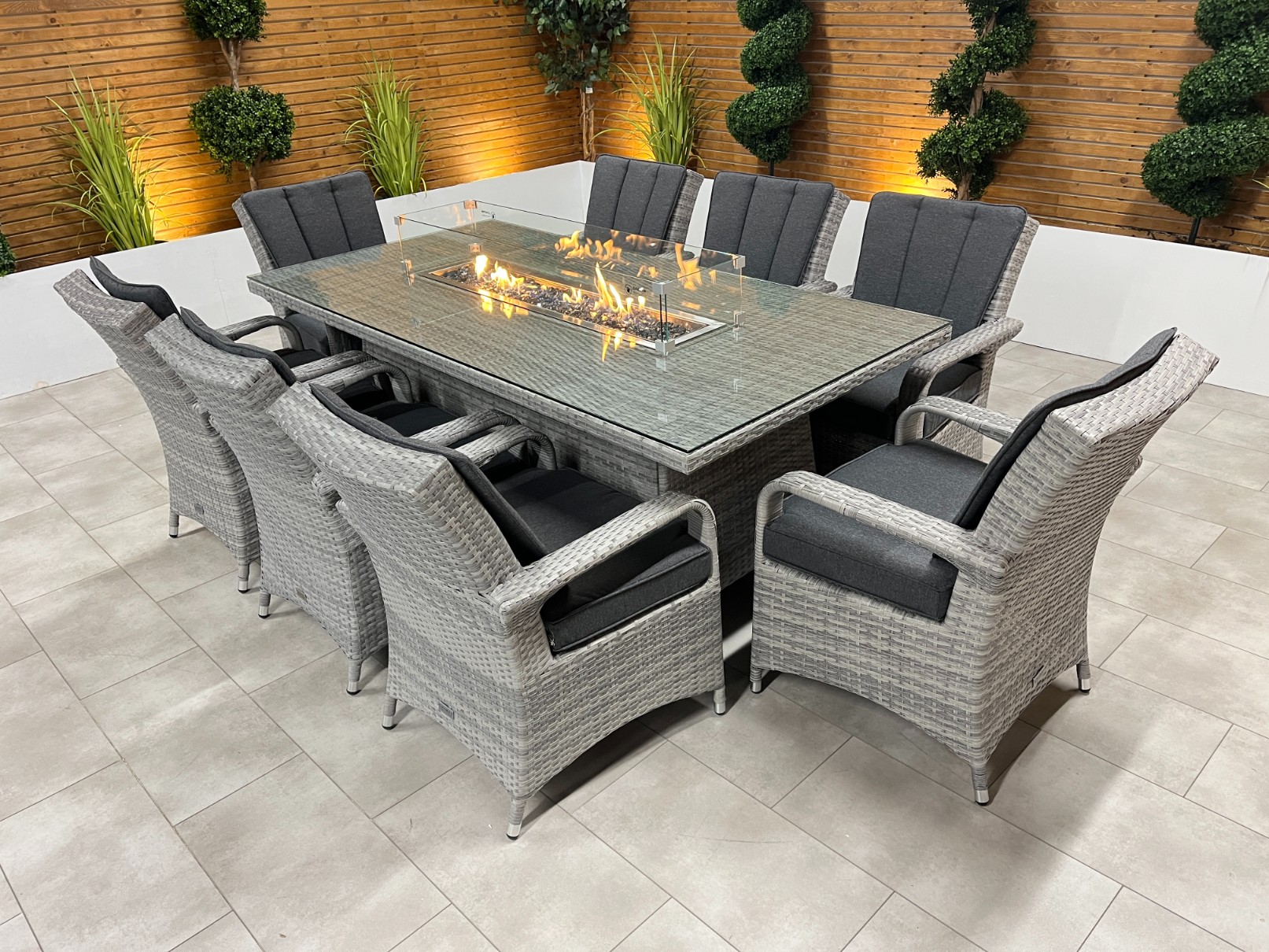 Chimes – Stone Grey Verona 8 Seat Rectangular Dining Set – 2M x 1M Rectangular Table With Firepit Table – LOW STOCK