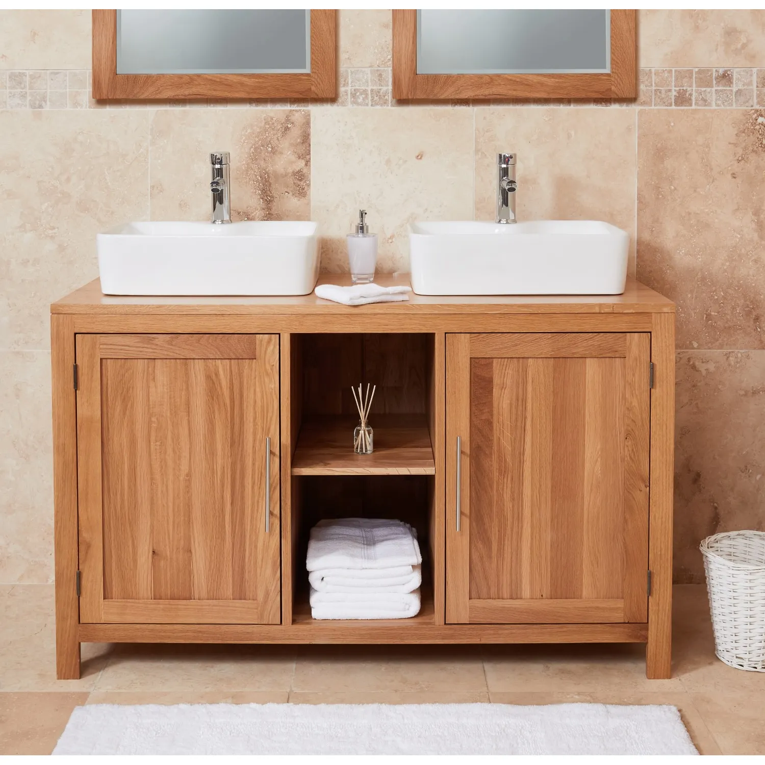 Solid Oak Double Sink Vanity Unit Set 2 Sinks 2 Taps