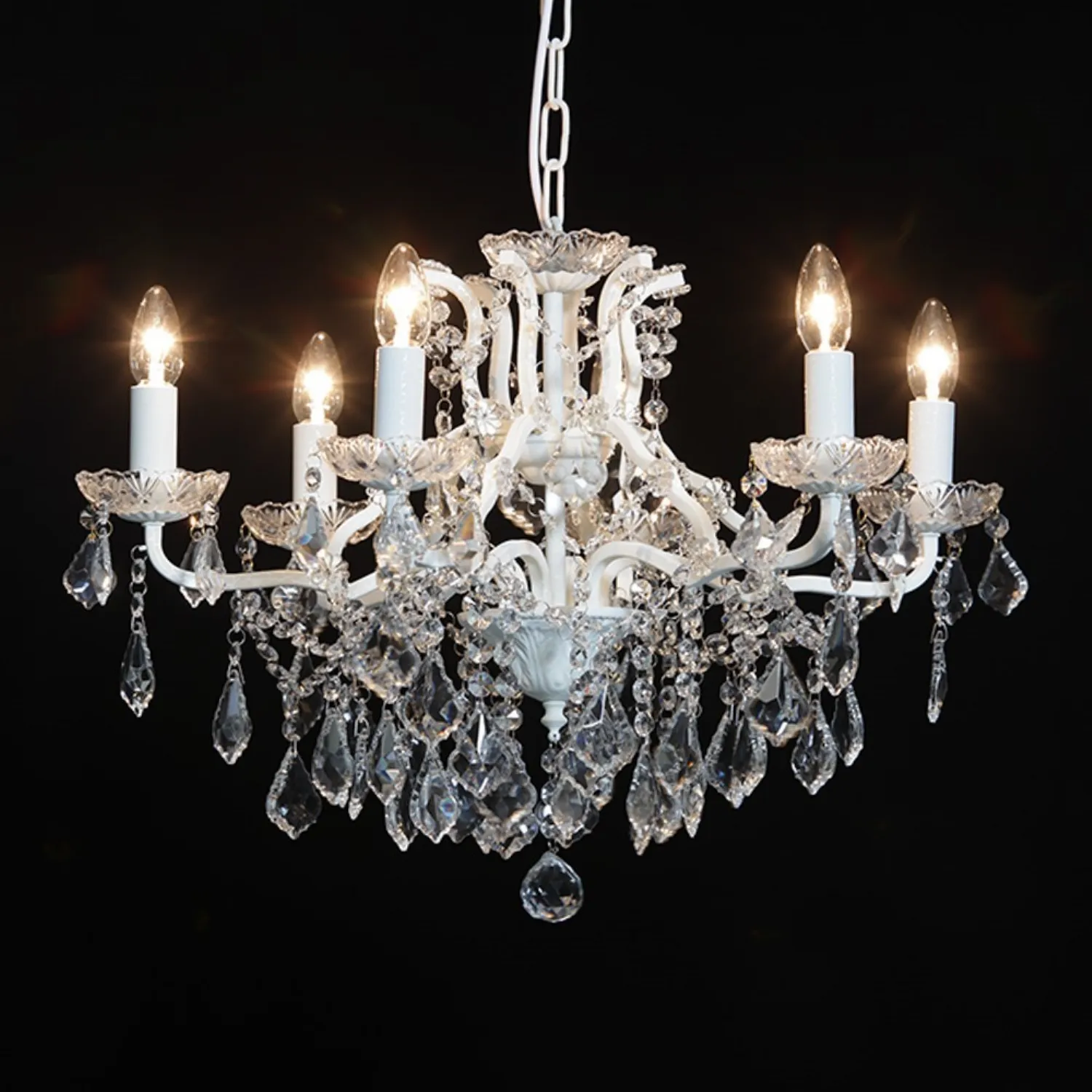 6 Branch Shallow Antique Style Crackle White Chandelier Ex Display