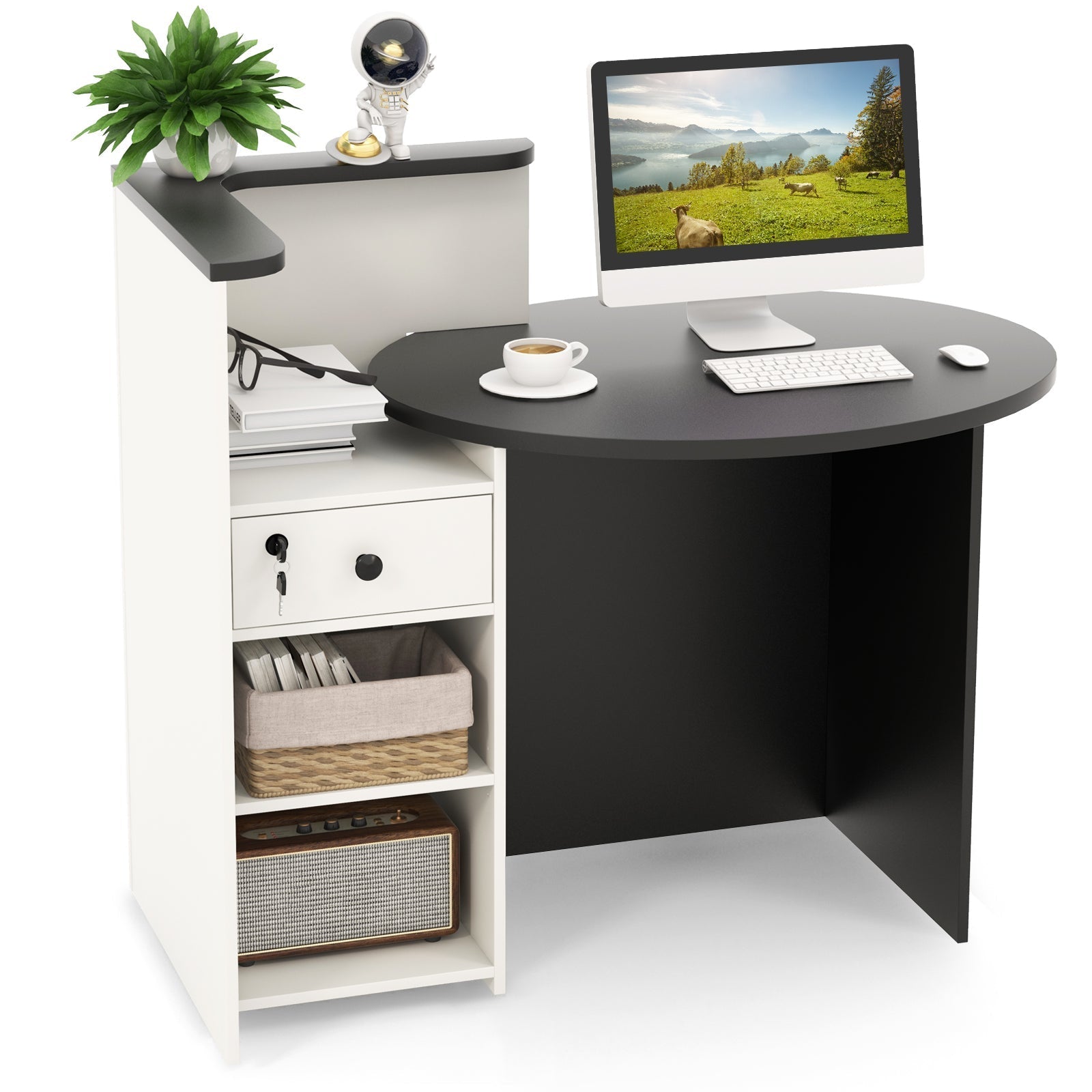 Corner Front Reception Counter Desk with Lockable Drawer-Black