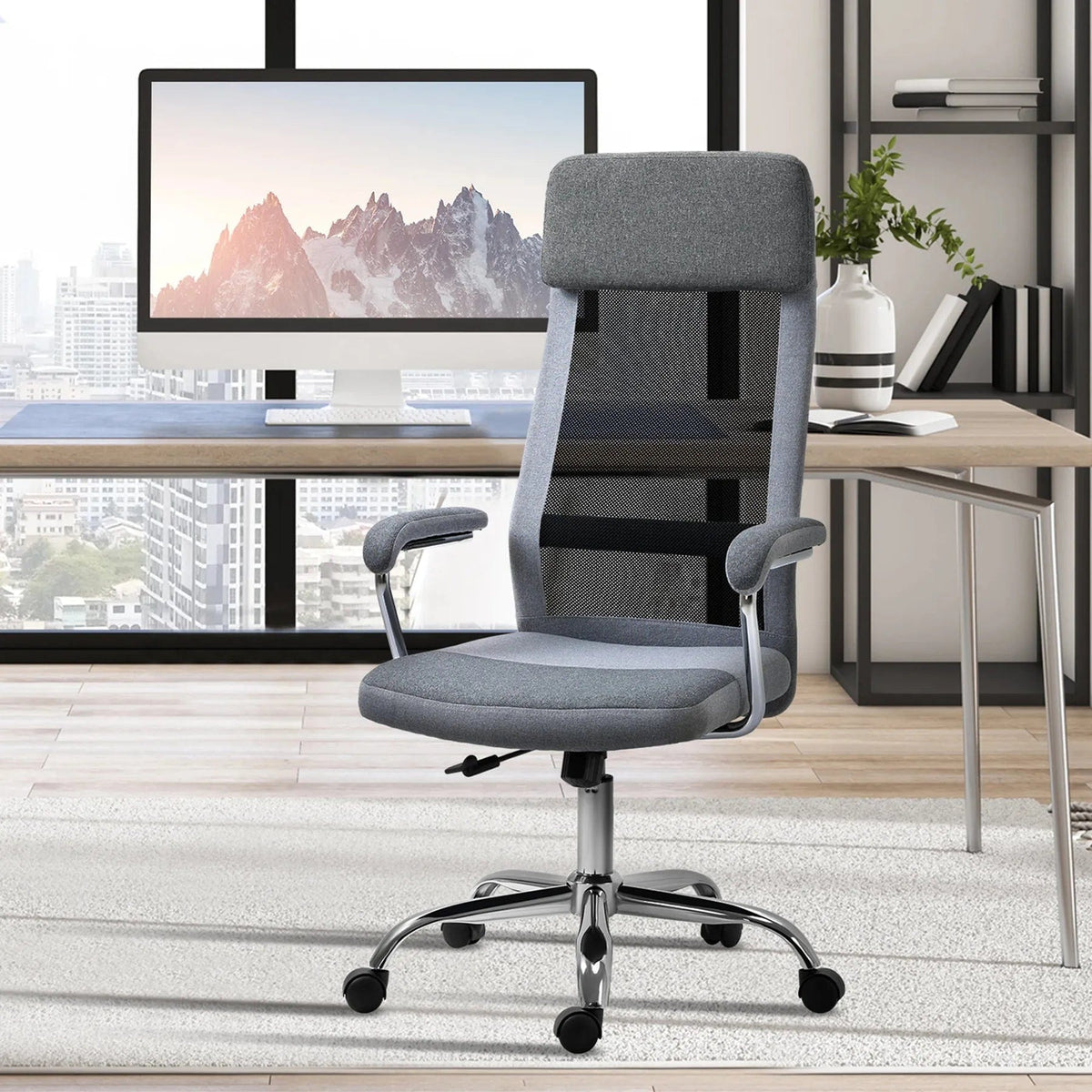 Office Swivel Chair with Linen-Feel Upholstery and Mesh Fabric High Back – Grey