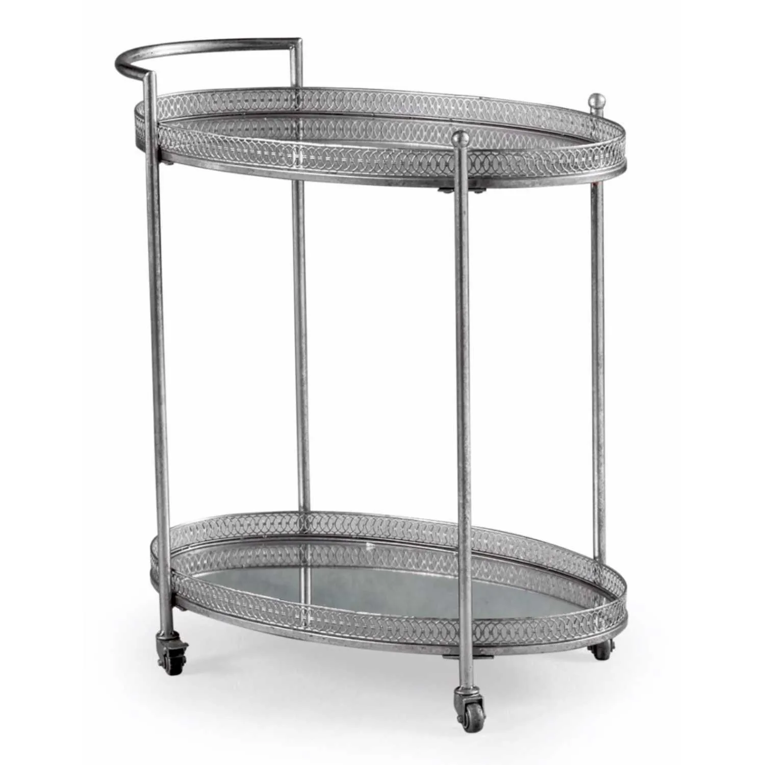 Antique Silver Oval Metal Drinks Trolley Mirrored Shelves