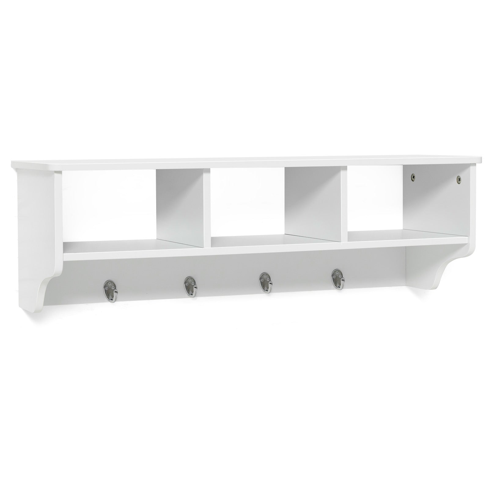 31-Inch Floating Storage Shelf with 3 Open Compartments and 4 Hanging Hooks-White