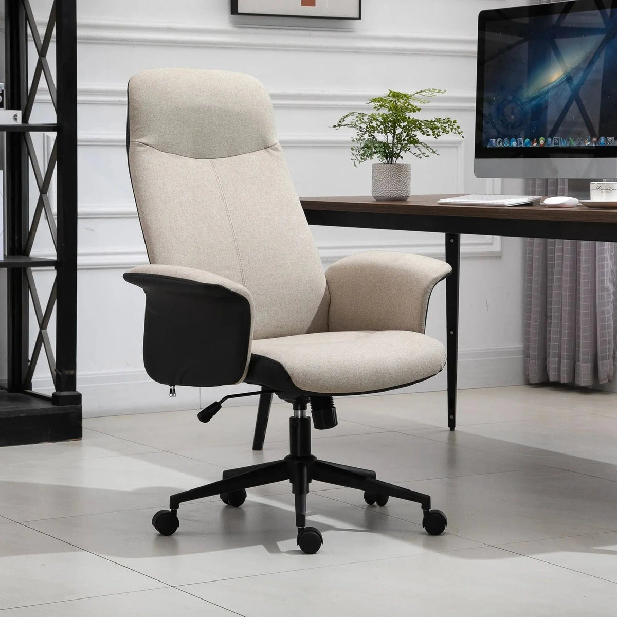 High Back Office Chair, Linen Fabric Upholstery & Adjustable Seat Height – Beige/Black